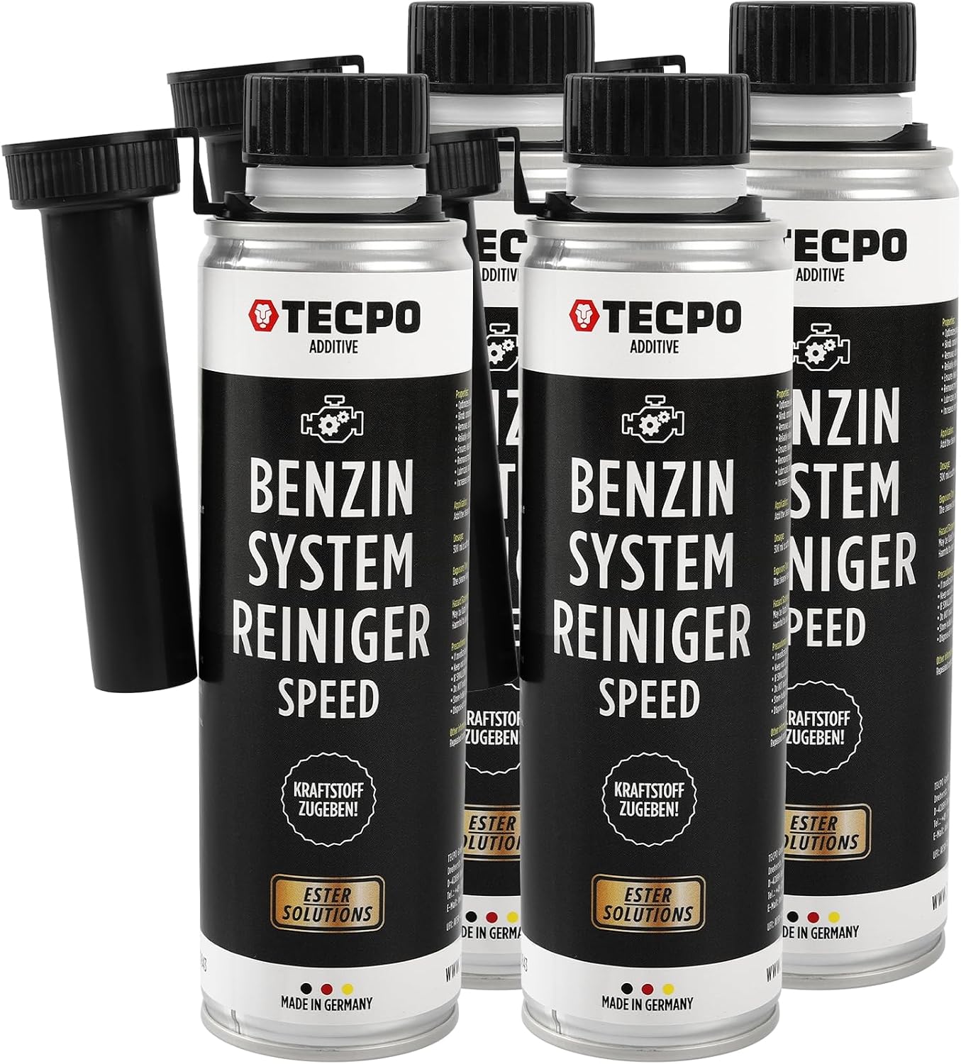 TECPO 4x Benzin-System-Reiniger 300ml Benzinreiniger Ester Benzin Reiniger Additiv Motor Kraftstoff Motorreiniger Kraftstoffsystemreiniger