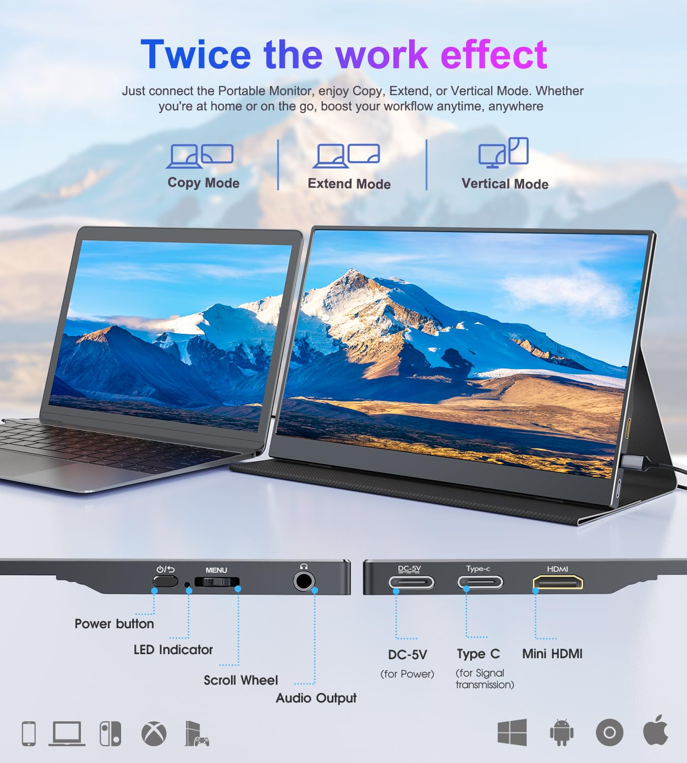 COOLHOOD Portable Monitor 15.6'', 1080P FHD Plug&Play Travel Laptop Monitor w/Smart Cover, USB-C HDR Portable Second Computer Display, Portable Game External Screen for PC Phone Mac Xbox PS4/5 — view 2