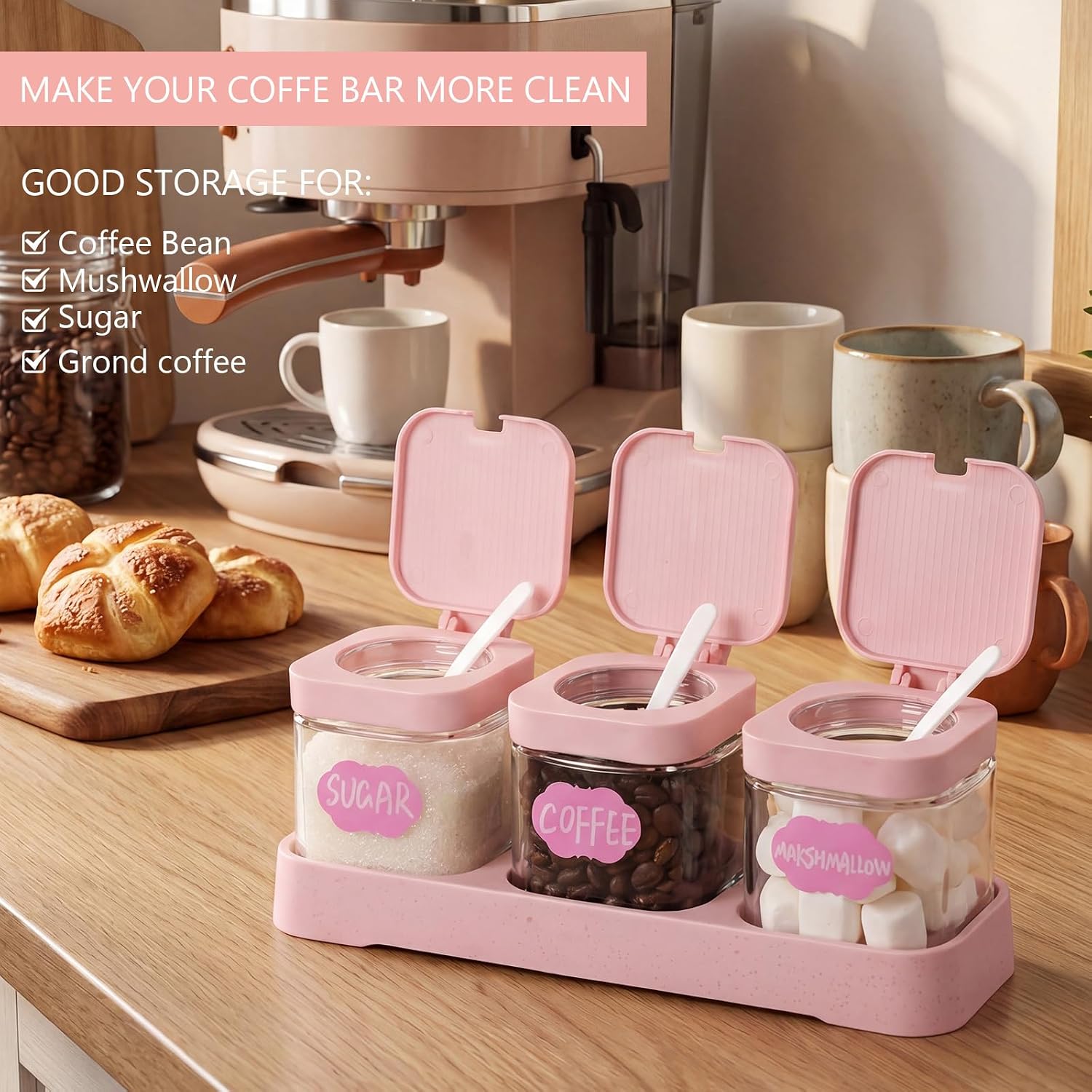 3 Pcs Glass Coffee Container with Shelf, Labels Base Pen, Pink thumbnail