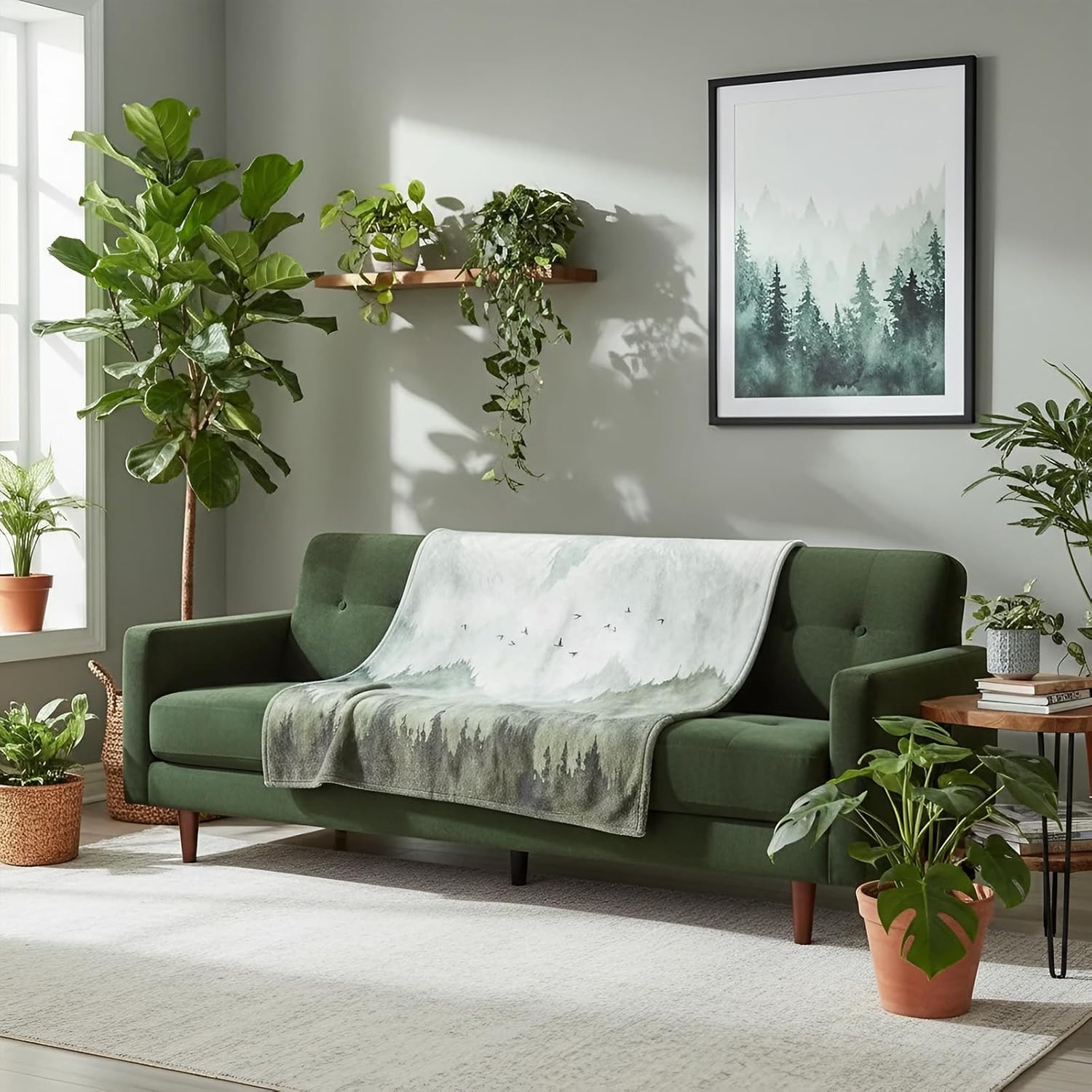 Neasow Watercolor Mountain Forest Fleece Throw Blanket, Nature Misty Foggy Sage Green Tree Landscape Art Nap Blankets Gift Sofa Bed Couch Chair or Dorm Throws 50×60 inches