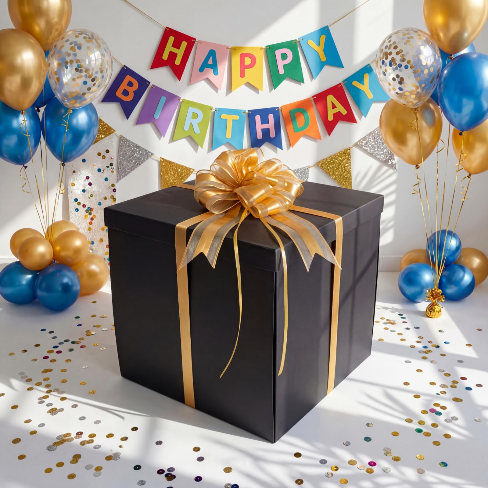 Kolldenn Extra große Geschenkbox mit Deckel, 50,8 x 50,8 x 50,8 cm, schwarze riesige Geschenkbox für Geschlechtsoffenbarung, große Geschenke mit Schleifen und Bändern für Geburtstag, besondere Feiern