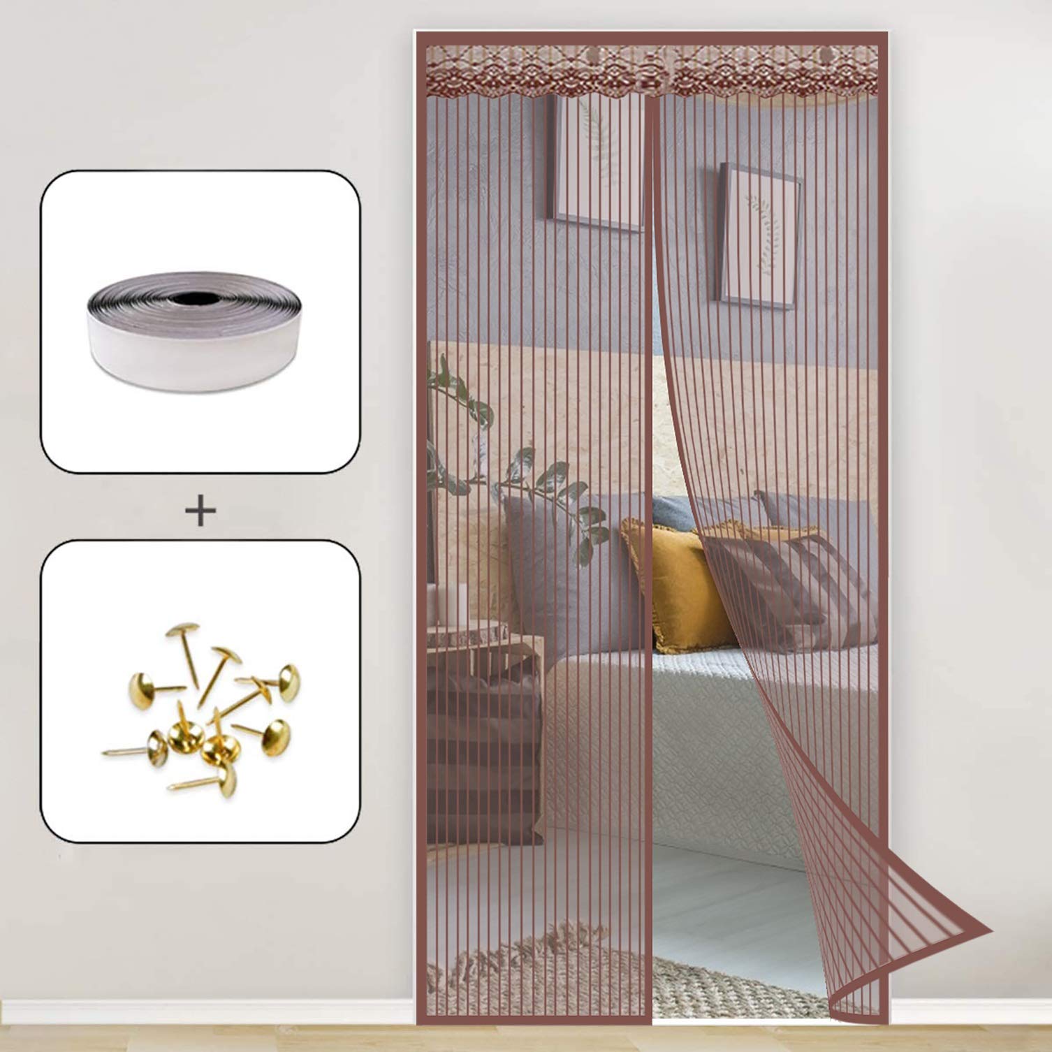 Fliegengitter Magnet 200x200cm Schließen Insektenschutz Magnetvorhang Tür des Lichtdurchlässigen für Holz, Eisen, Aluminium Türen und Balkon, Brown A