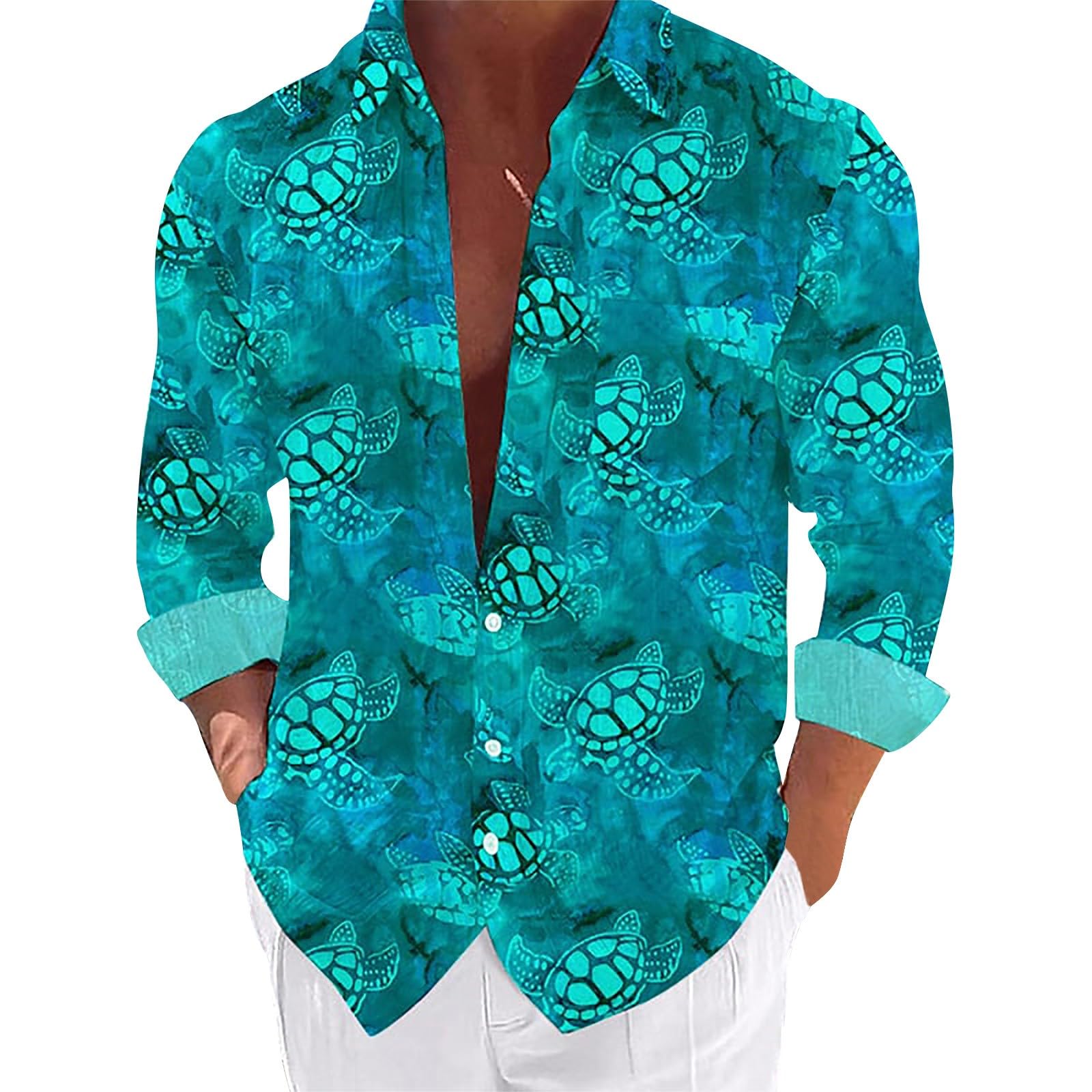 Mens Hawaiian Tropical Shirt Long Sleeve Casual Button Down Floral