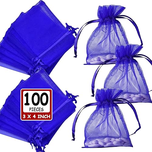 Ableme Deco Bolsas de organza azul real de 3 x 4 pulgadas (100 unidades), bolsas de regalo de malla transparente con cordón, bolsas de joyería de
