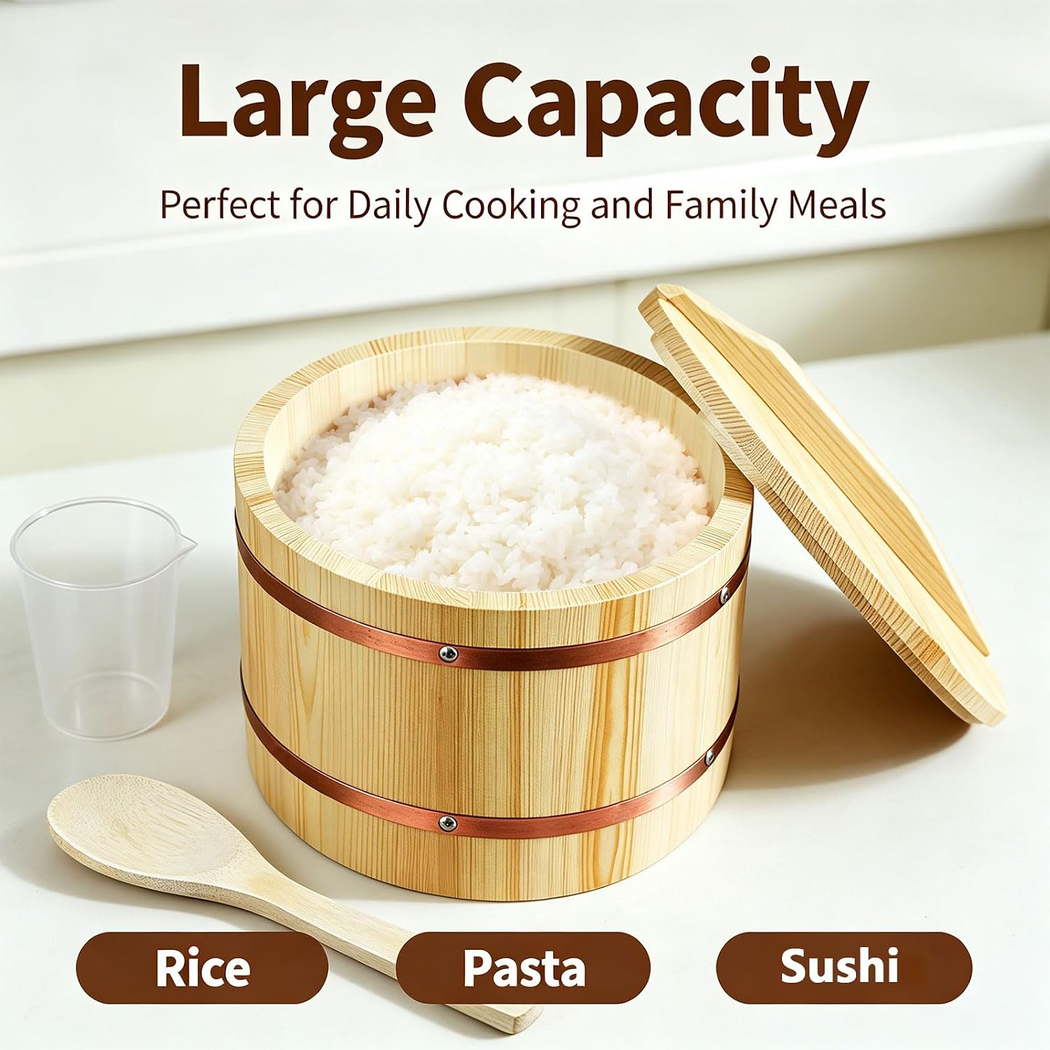 AIZYR Wood Sushi Rice Mixing Tub, Hangiri Sushi Oke Barrel with Lid, Rice Bowl Rice Bucket Storage Container for Home Restaurant,30cm
