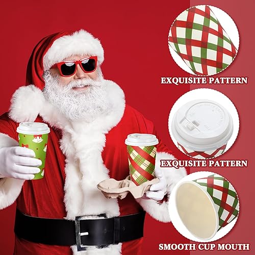 Miniatura 3 de 100 vasos desechables de Navidad de 16 onzas con tapas y pajita, tazas de papel de Navidad, tazas de café, suministros de vacaciones para