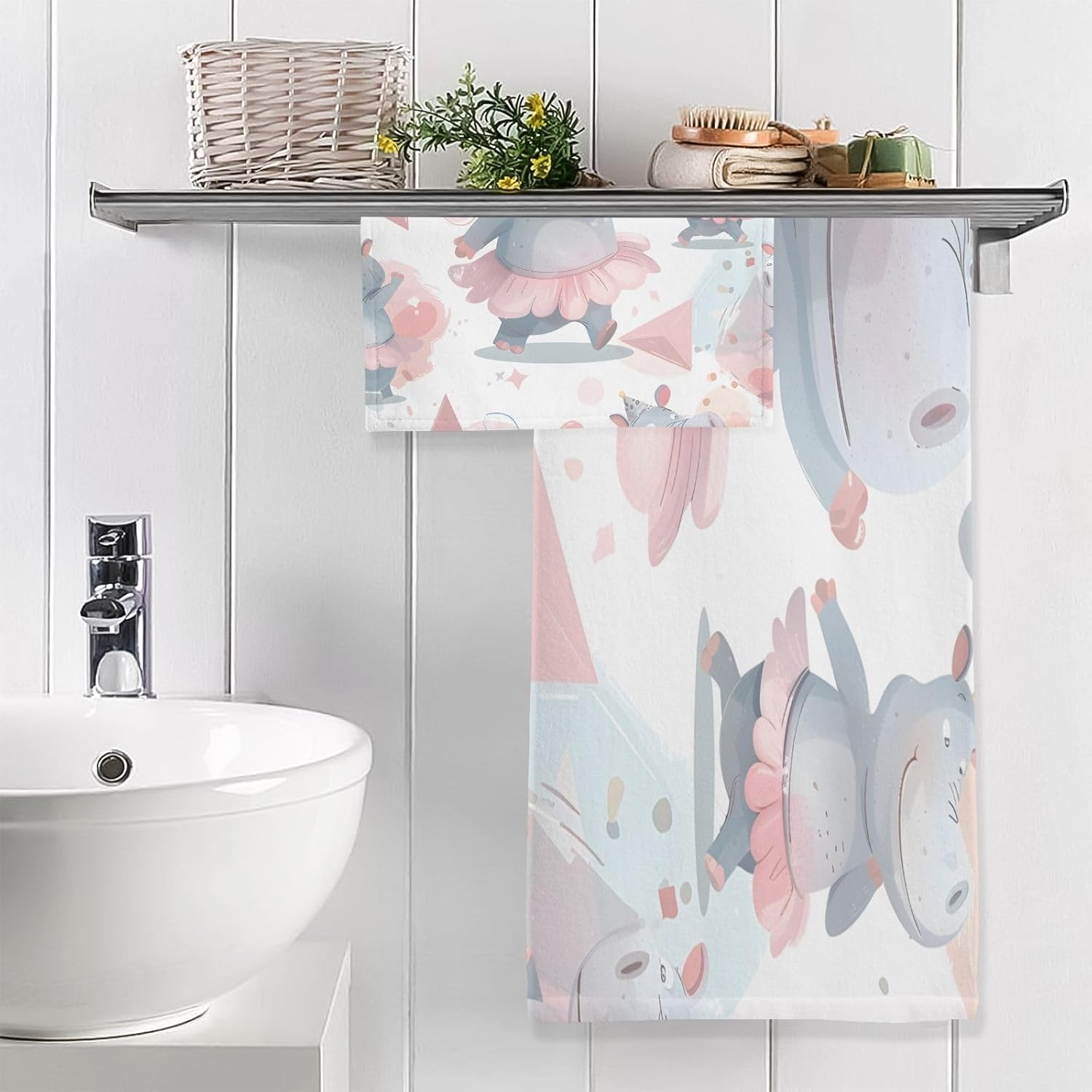 Hand Towels Premium Soft and Highly Absorbent Animal Hippo 2 Pcs Towels for Bathroom Set 100% Cotton Decorative Face Towels