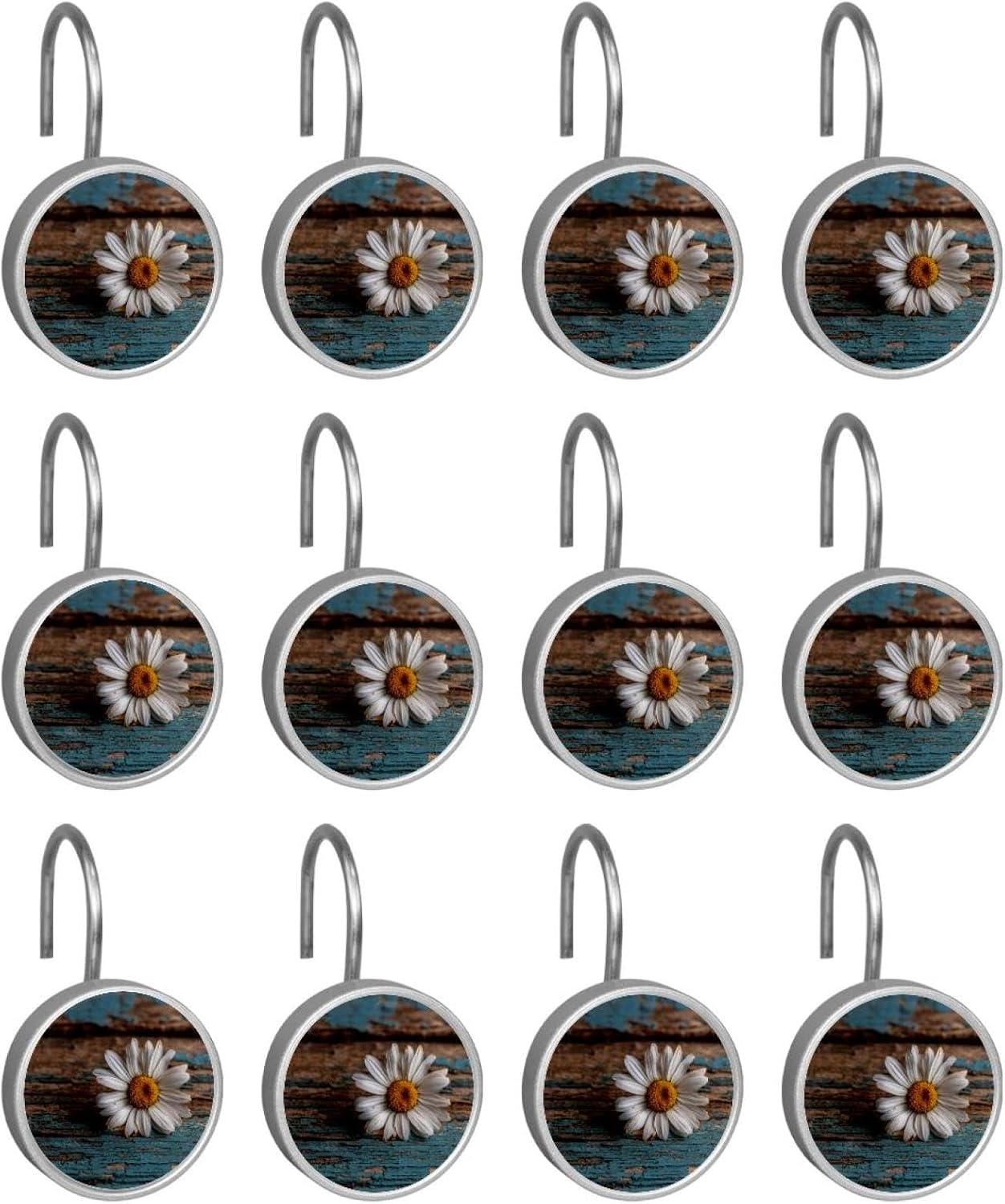 12PCS Daisy on Old Wooden (7) Shower Curtain Hooks Rings for Bathroom, Decorative Shower Curtain Hooks Rods Curtains and Liner