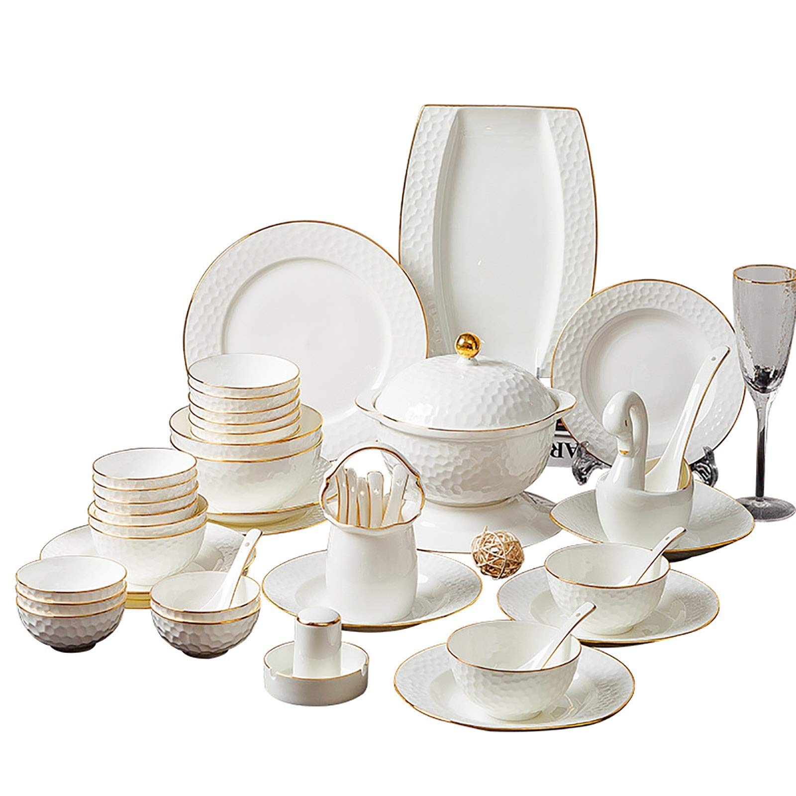 Juego de vajilla de Porcelana Fina, Cuencos y Platos Phnom Penh, Juego de vajilla Dorada Sencilla para Cocina y Restaurante.