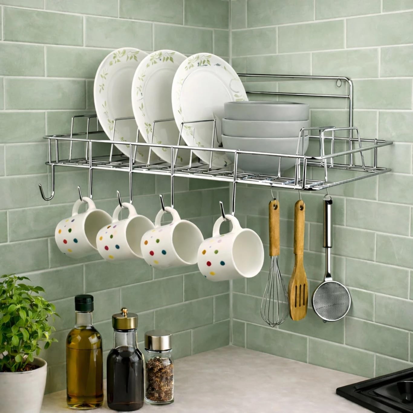 Multipurpose Wall Hanging Stainless Steel Big Mug,Cup & Saucer Holder, Plate Organizer Space Kitchen Saving Rack Utensil Kitchen Rack (Stainless Steel, Hanging Shelves, Standard)-image-32