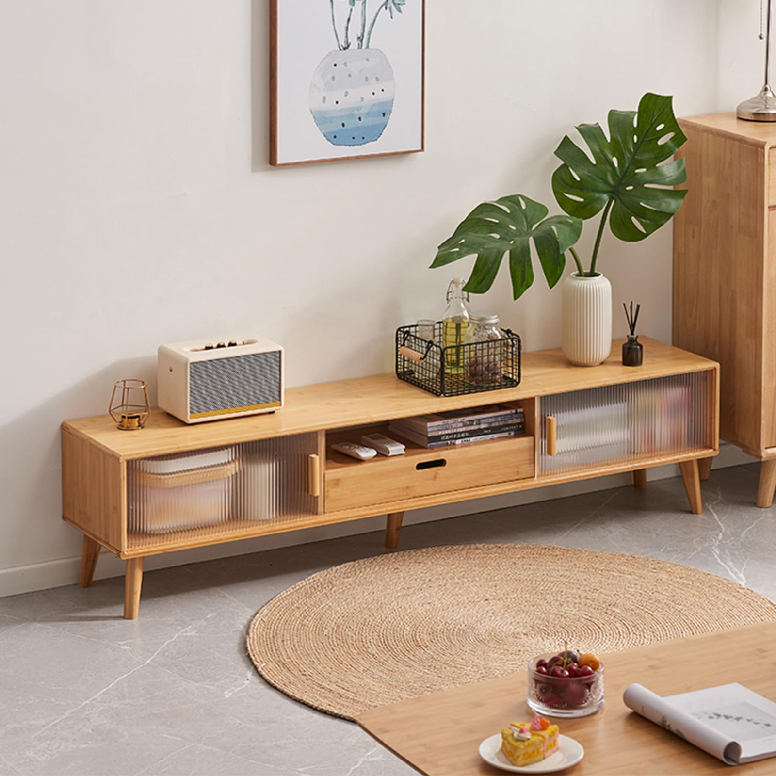 Supporto TV in bambù, consolle multimediale con contenitore, centro intrattenimento con ante scorrevoli in vetro e cassetto per soggiorno e camera da letto