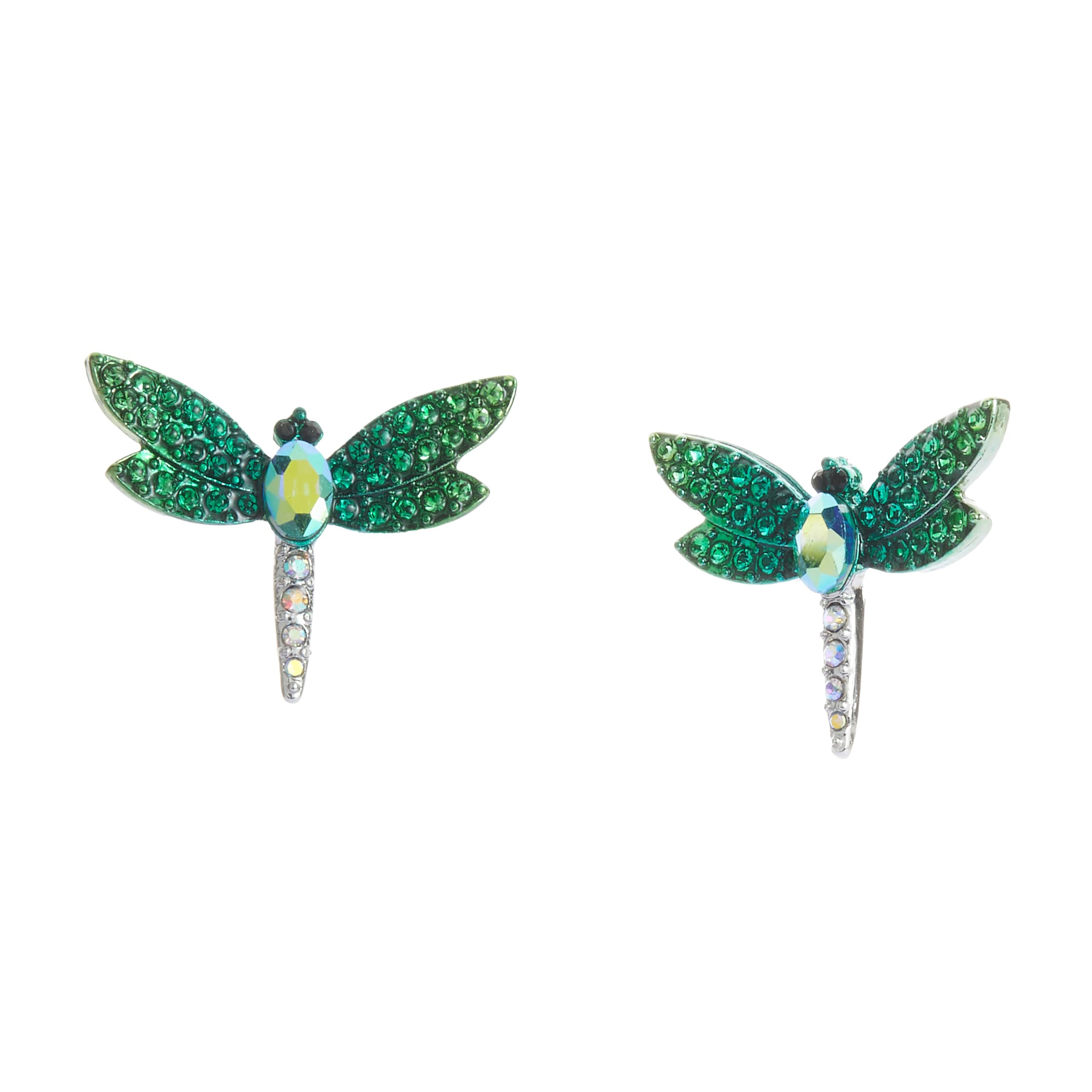 Betsey Johnson Garden Glam Dragonfly Earrings for Women, Vibrant & Lightweight Jewellery, Plated Silver, Green & Glass Crystal, Studs