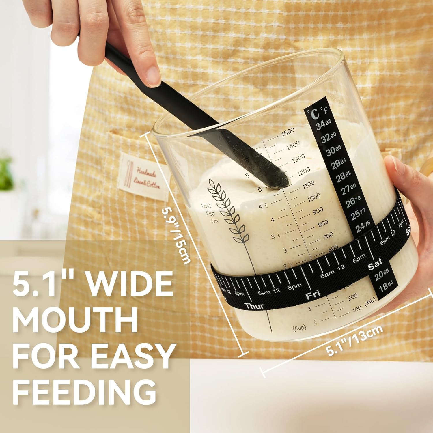 50oz Sourdough Starter Jar, Wide Mouth Sourdough Jar, Large Capacity Sourdough Bread Starter Kit with Lid, Band, Date Tracker, Temp, Sourdough Starter Kit for Sour Dough (1 Pack) - Image 2