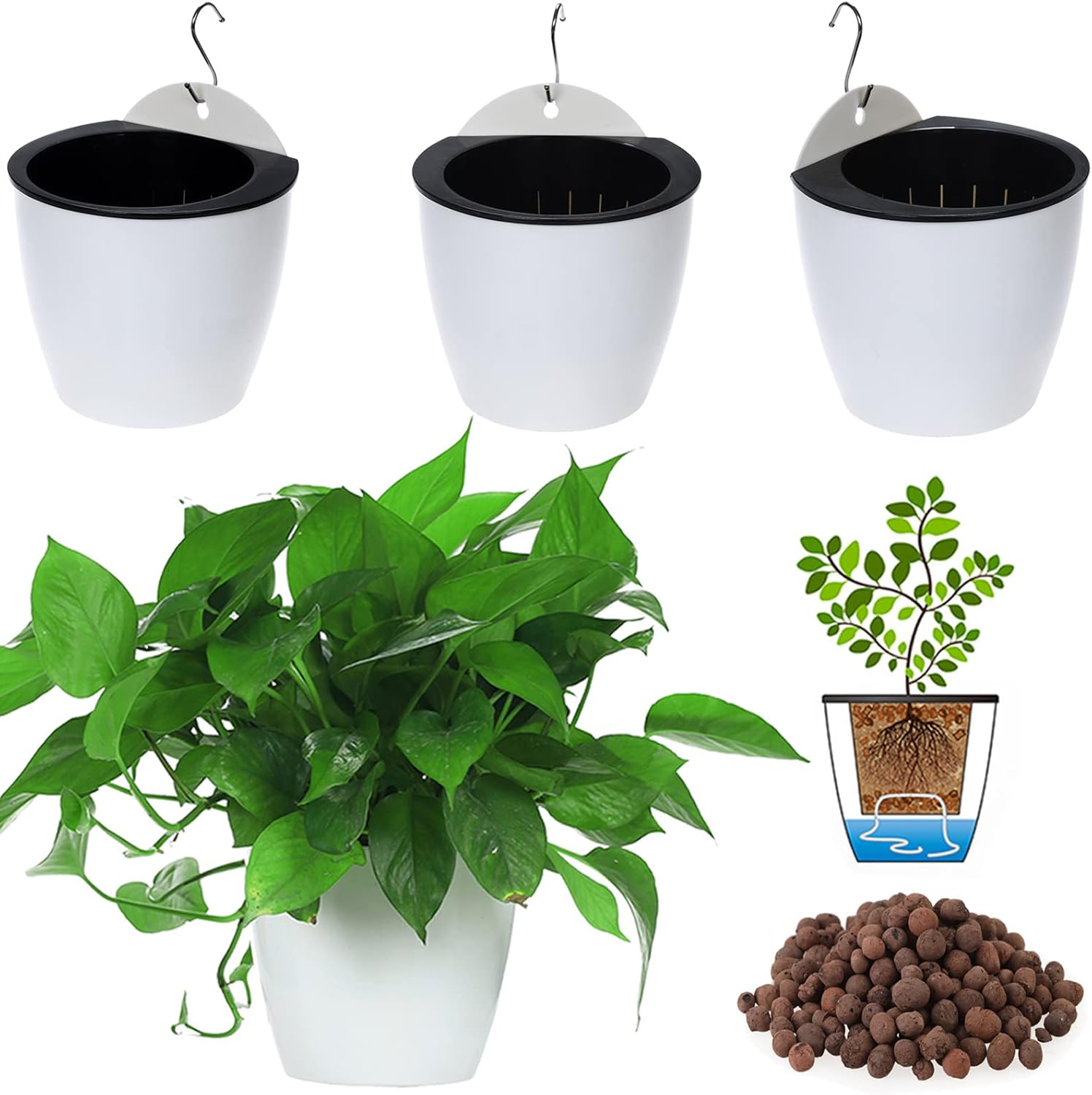 8 Packs 5" and 7.3" Plastic Self Watering Pots Wall Hanging Planters Wall Mounted Wicking Flower Pots for Indoor and Outdoor African Violet, Ocean Spider Plant, Orchid, White