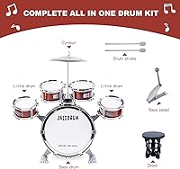Vista 8 de M SANMERSEN Kit de batería para niños pequeños, juego de batería de jazz, 5 baterías con taburete, mini banda, juego de instrumentos musicales