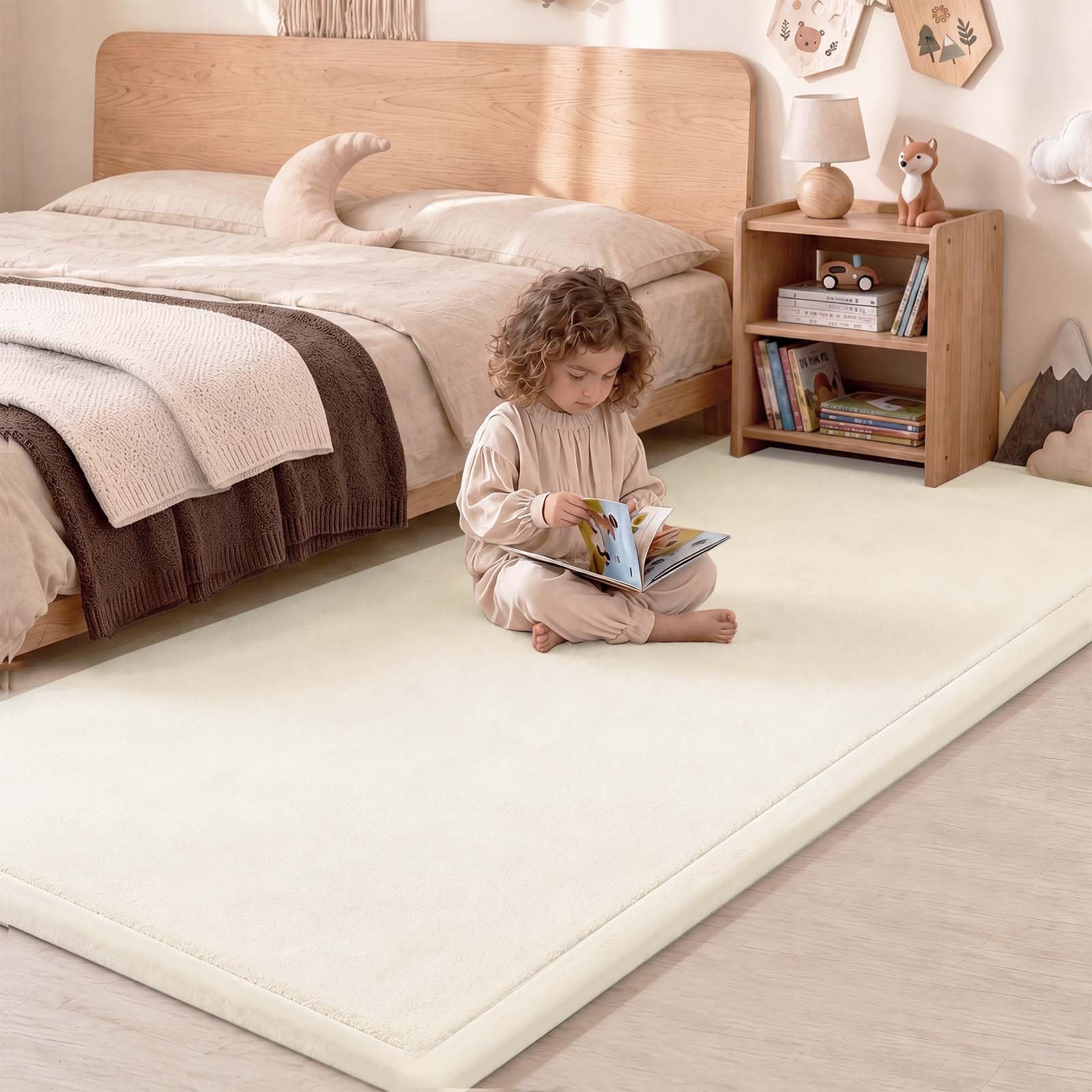 PaPaMaT Baby Play Mat for Kids Room,Extra Thick Elasti-Foam Anti-Fall Cushion Mat for Babies,Toddlers,Infants,Water-Repellent&Non-Slip Bedroom Bedside Rugs(Ivory)