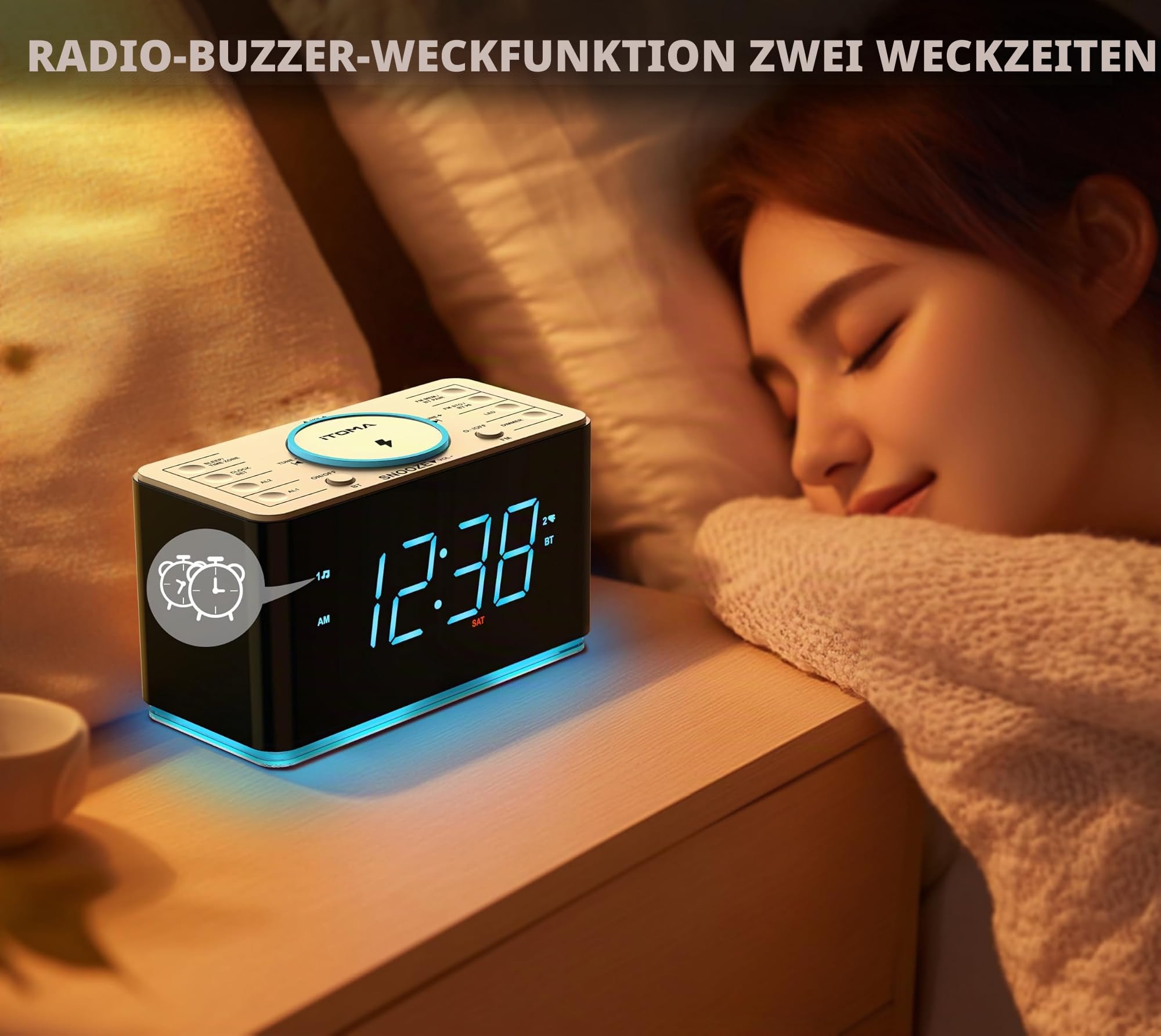 iTOMA Radiowecker, 15 Watt kabellose Ladegerät, APP-Steuerung, Bluetooth, USB-Anschluss, Dual-Alarm, Snooze, Dimmer, 1,4-Zoll-Display Eisblau-LED-Nachtlicht CKS207 (207A)
