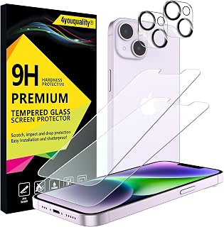 4youquality [4-in-1 Screen Protector for iPhone 14 with Camera Lens Protector, Tempered Glass Film, 2-Pack Each, [LifetimeWarranty][Impact-Resistant][Anti-Scratch][Ultra-Transparent]