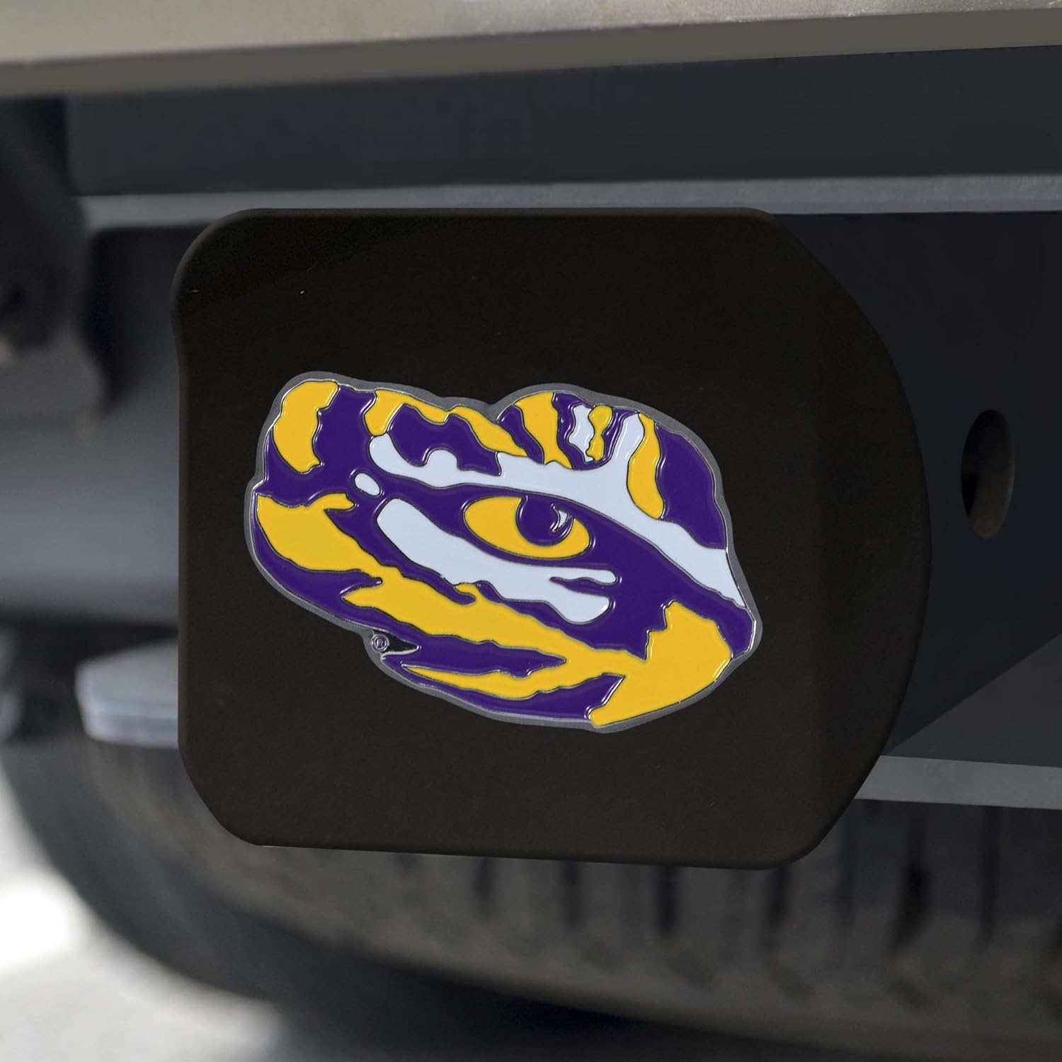 FANMATS 22636 LSU Tigers Black Metal Hitch Cover - with Metal Chrome 3D Logo Emblem – Easy Installation on Truck, SUV, Car - Ideal Gift for Die Hard NCAA Fan