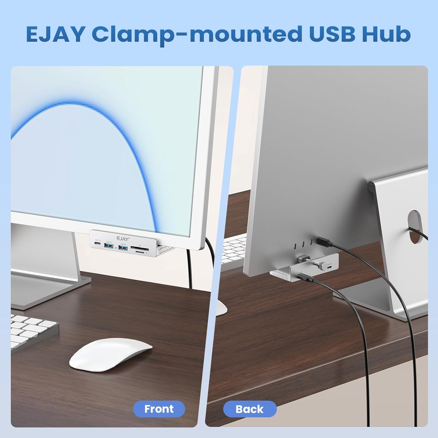 EJAY 5-in-1 Aluminum USB 3.0 Clamp Hub, Desk Edge Docking Station with SD/TF Card Reader, 5Gbps Port Expander with 59" Extra Long Cable for iMac, MacBook, Laptop, PC, Home Office, Silver