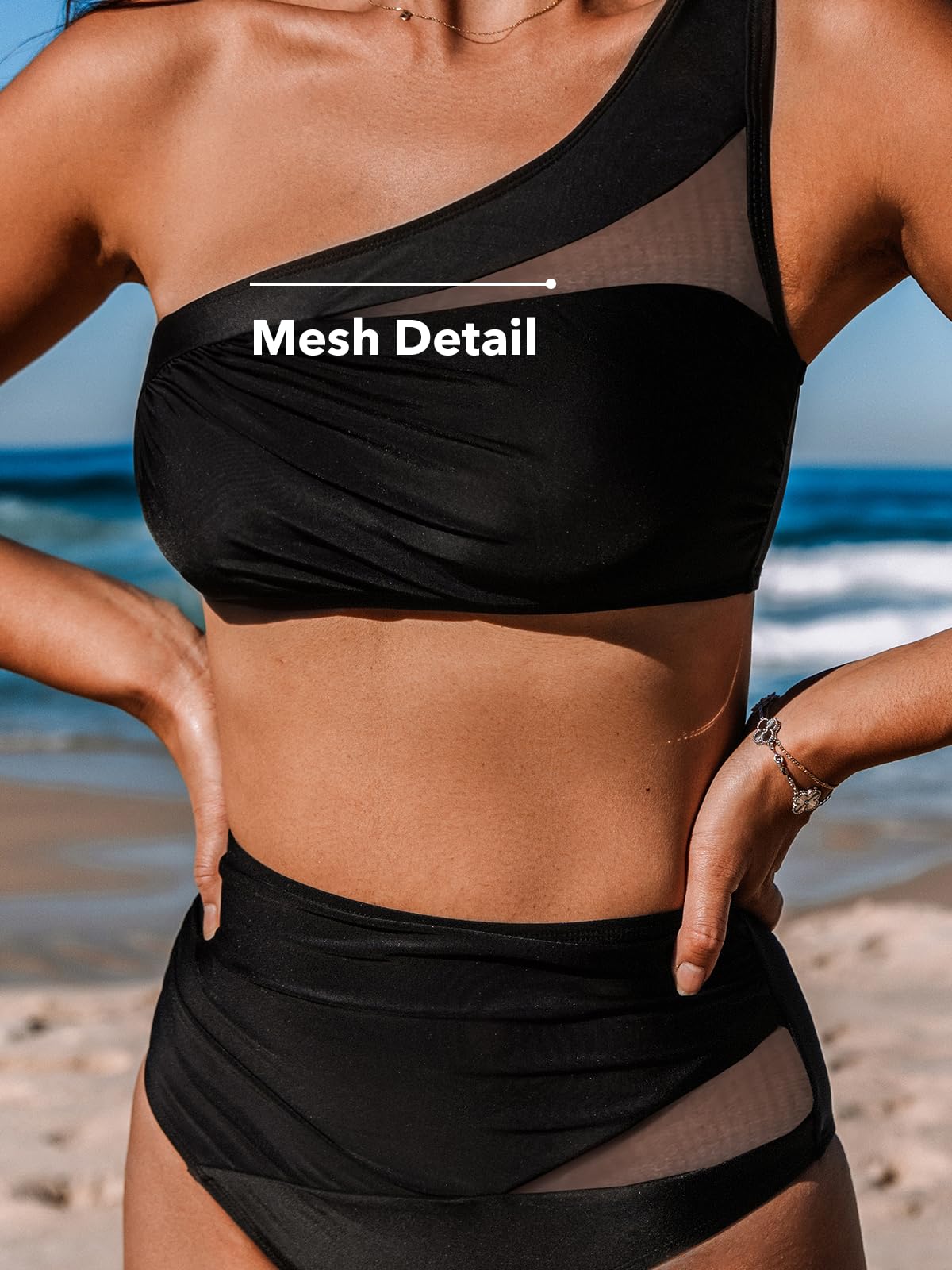 CUPSHE Bikini da donna Monospalla Costume da bagno a due pezzi a vita alta con collo asimmetrico increspato in rete, nero, XL