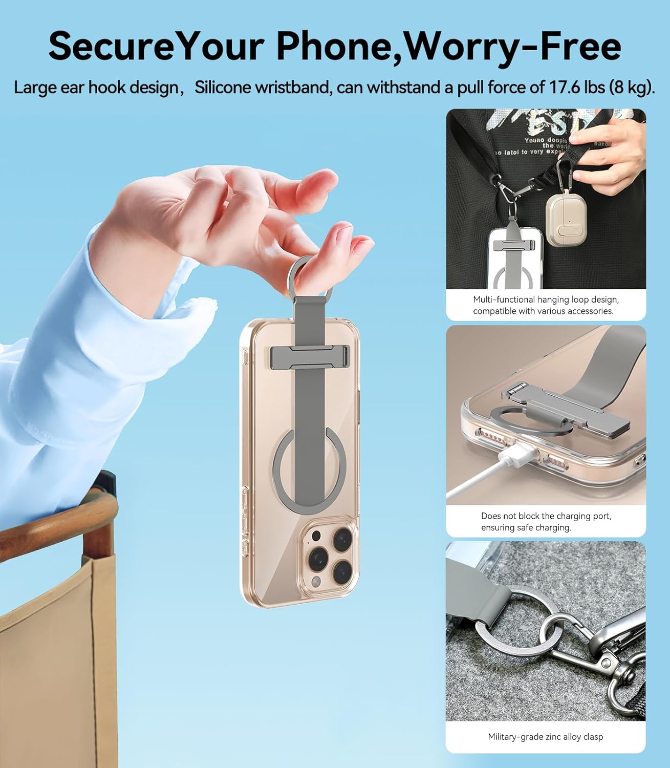 for iPhone 16 Pro Max 6.9" Case, Skin-Feel Silicone Finger Strap [Fit for MagSafe] [Military Grade Drop Tested] Silver Stand Cover with Finger Ring Buckle, Transparent - Image 3