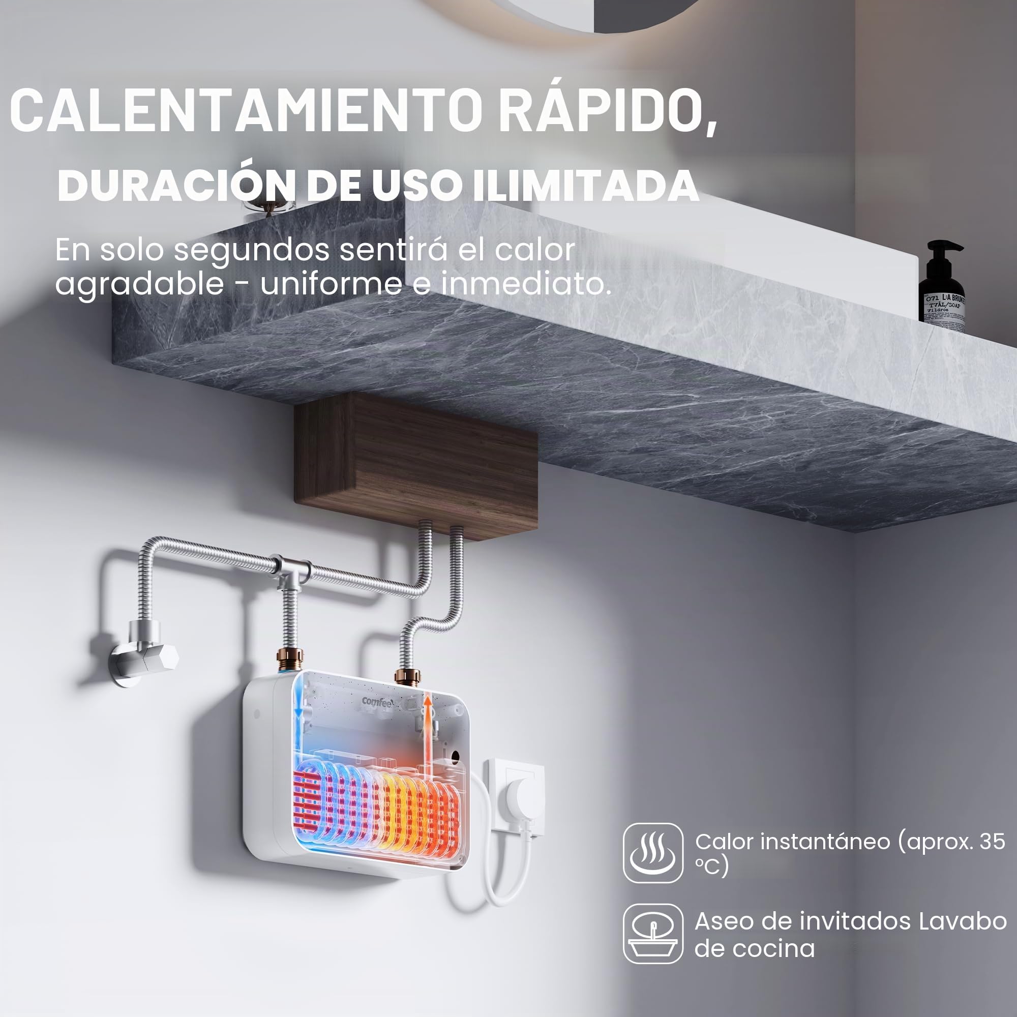 COMFEE 'CWH3.5EA1W Mini calentador de agua de 3,6 kW para lavabo de mano, calentador de agua eléctrico pequeño de 230 V, bajo mesa, control electrónico, resistente a la presión, calentamiento