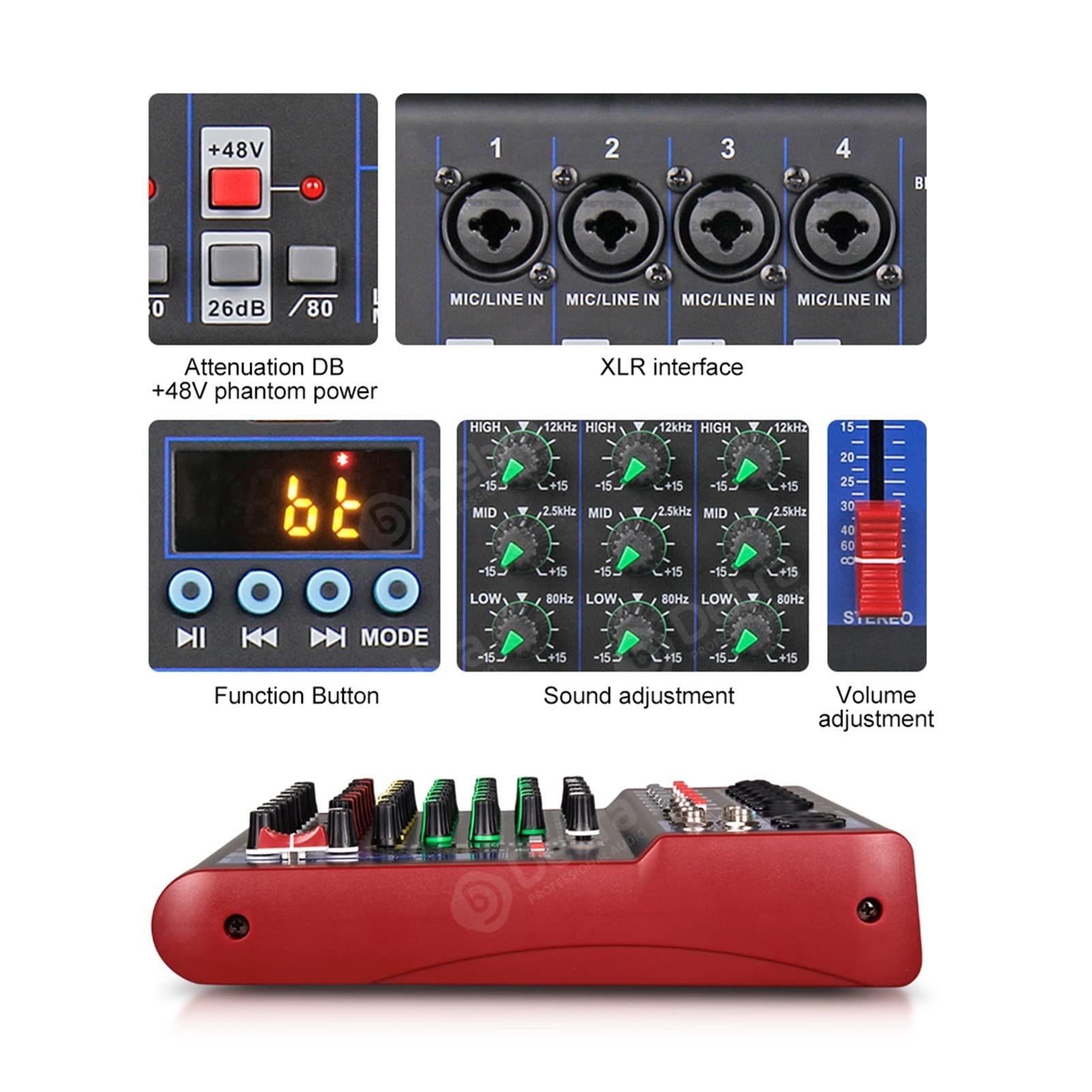Attrezzatura per DJ per Feste Interfaccia Audio Mixer a 8 canali for DJ Controller della Console di miscelazione Karaoke Recording Studio con 99 Dsp Effetti digitali