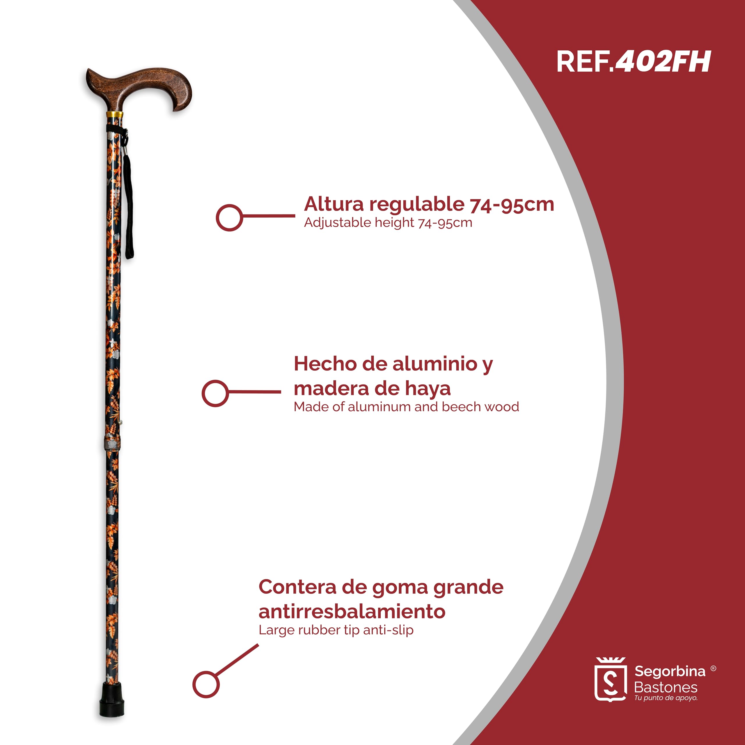 Bastón de Aluminio Extensible Regulable en Altura (74-95cm) con puño de Madera Oscuro, contera Antideslizante y Acabado Hojas otoño. Bastón muletilla para Apoyo y Ayuda a Caminar. (402FH)
