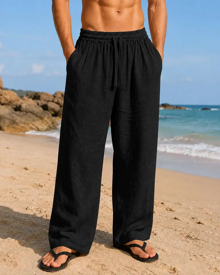 Men's Linen Pants Lightweight Breathable Loose Fit Straight Leg Casual