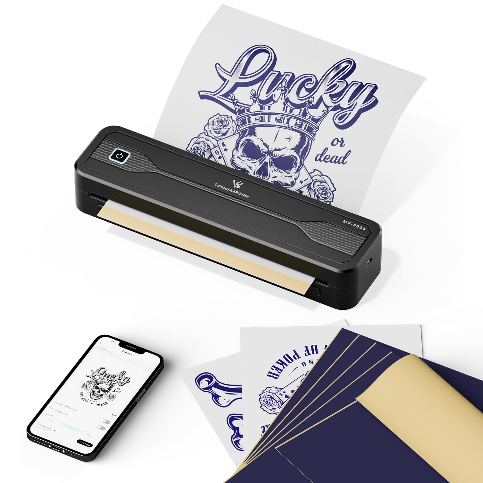 TATELF Stampante Stencil Tatuaggi Wireless A4 Termica Bluetooth | Batteria 2600mAh, 10 Fogli Carta Trasferibile, Compatibile iOS Android Win Mac, Senza Inchiostro Linee Precise per Tatuatori