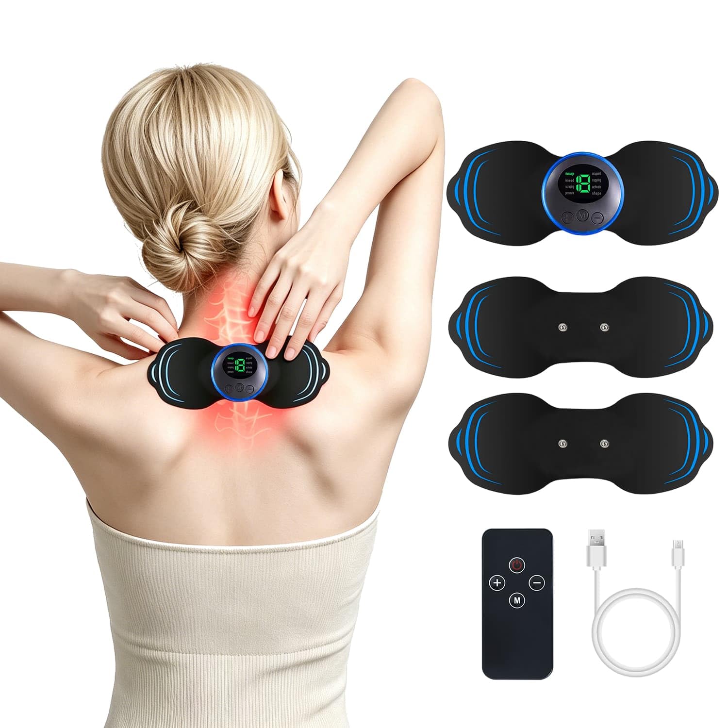 Electroestimulador TENS,Electroestimulador muscular,TENS/EMS para terapia de alivio del dolor con masajeador de pulso eléctrico,TENS 8 Modos y 19 Intensidades ajustables Estimulador Muscular