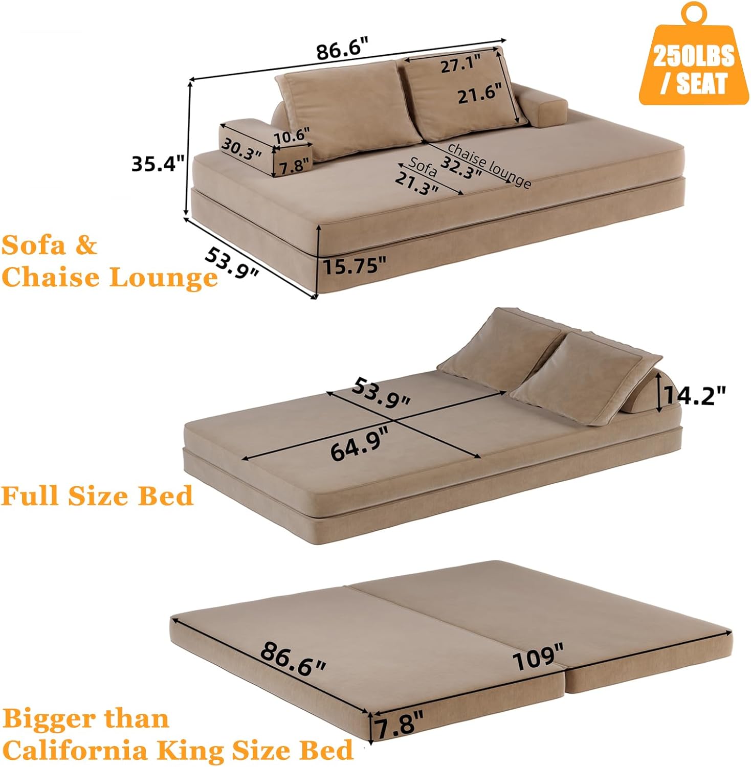 Futon Sofa Bed King Size, Boneless Sleeper Sofa, Oversized Chenille Foldable Couch, Convertible Floor Couches, Modern Folding Mattress, Daybed for Gaming, Living Room, Apartment, Camel