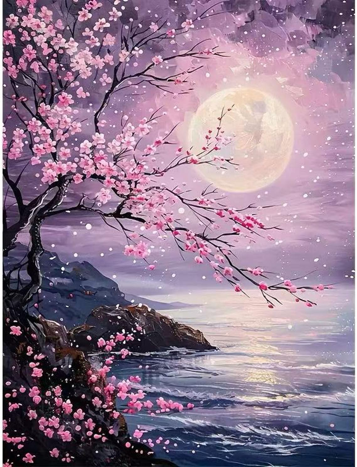 Moon Landscape Diamond Painting Kits for Adults Beginners,Pink Cherry Tree Diamond Art Kits,DIY 5D Diamond Gem Painting with Gem Art for Adults,Home Wall Decor 12 X 16Inch