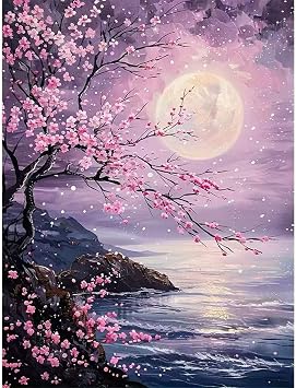 Moon Landscape Diamond Painting Kits for Adults Beginners,Pink Cherry Tree Diamond Art Kits,DIY 5D Diamond Gem Painting with Gem Art for Adults,Home Wall Decor 12 X 16Inch