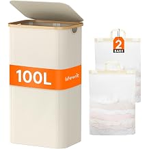 Lifewit 100L Laundry Basket with Lid 2 Compartments, Large Washing Basket with Removable Laundry Bags and Bamboo Handles, Clothes Hampers for Laundry, Bathroom, Bedroom, Dorm, Cream White