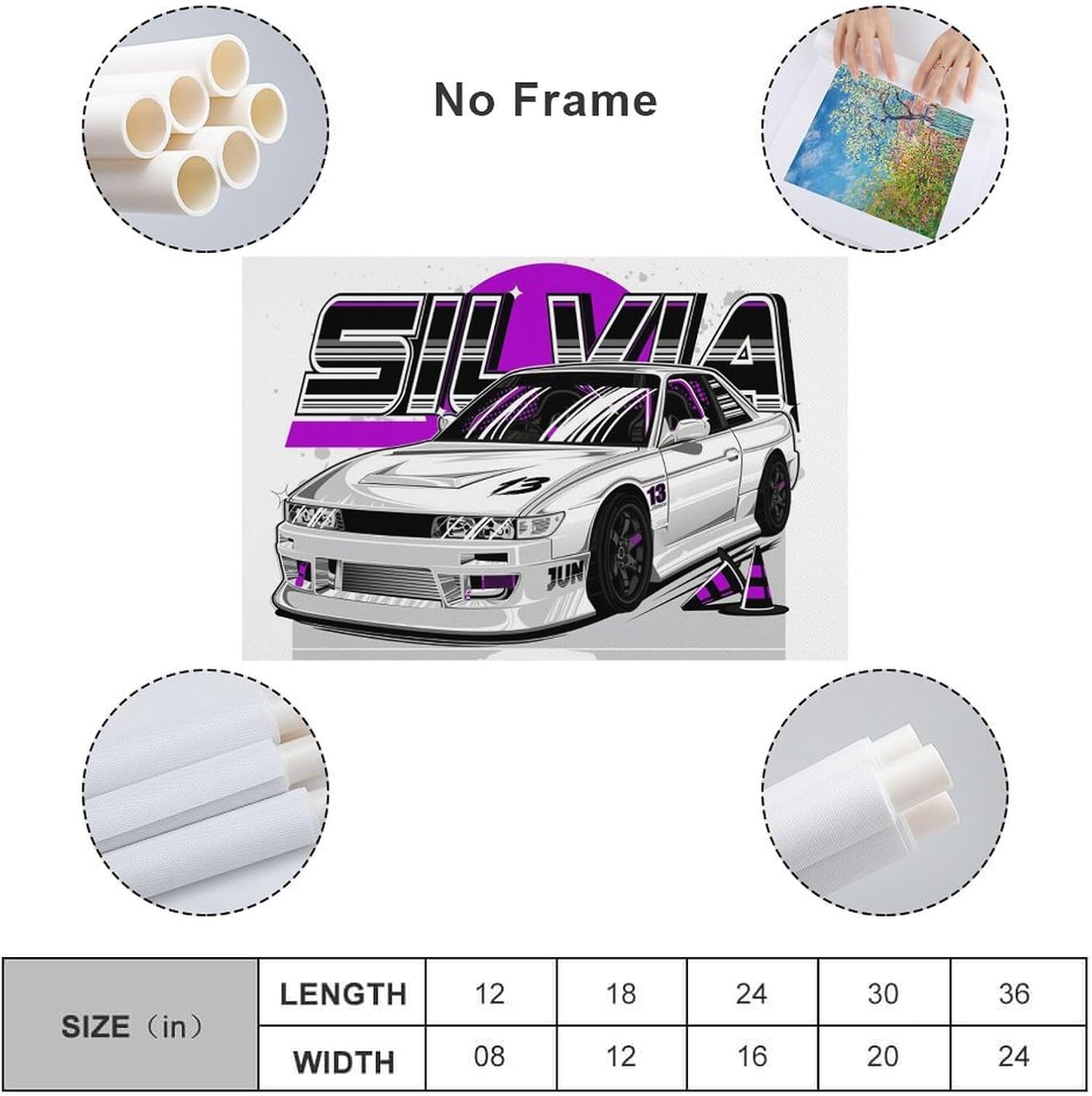 JDM Car S13 White Front Face Black Wheels Illustration Art Car Posters for Bedroom Car Wall Decor for Mens Room Decor Aesthetic Canvas Wall Art Prints Pictures Paintings Framed Unframed 12x18inch(30x4 - Image 2