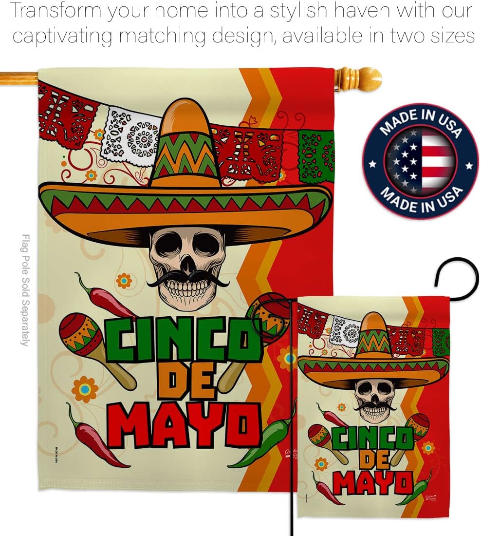 Calavera Cinco de Mayo House Flag - Summer Party Cactus Pinata Sombrero Mexican Fiesta Outdoor - Decoration Banner Small Garden Yard Gift Double-Sided Made in USA 28 X 40