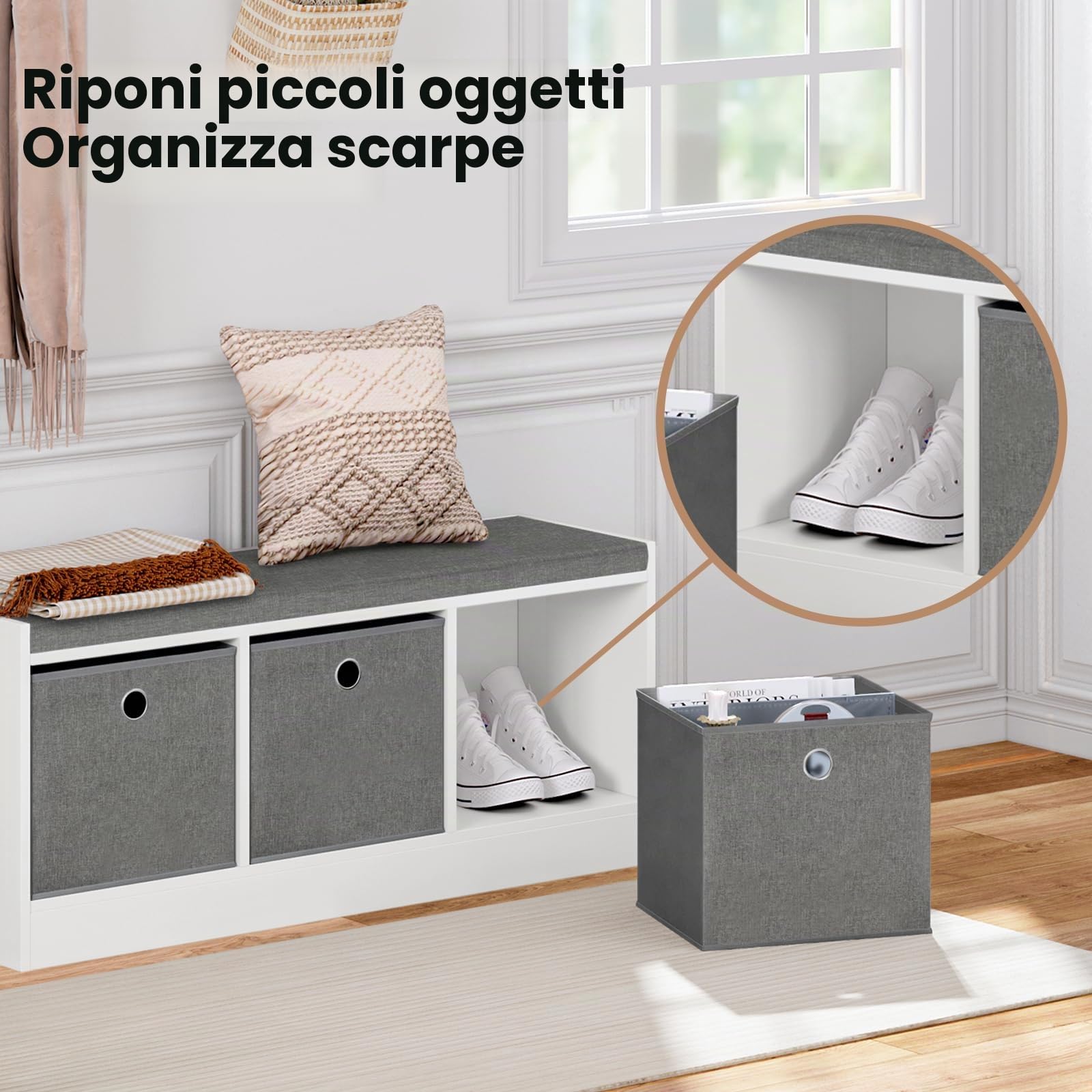 WOLTU Pouf Contenitore, Mobile da ingresso con 3 cassetti in Tessuto, Panca portascarpe con Sedile Imbottito, Scatola Portaoggetti Ottomana, per Soggiorno, Bianco+Grigio