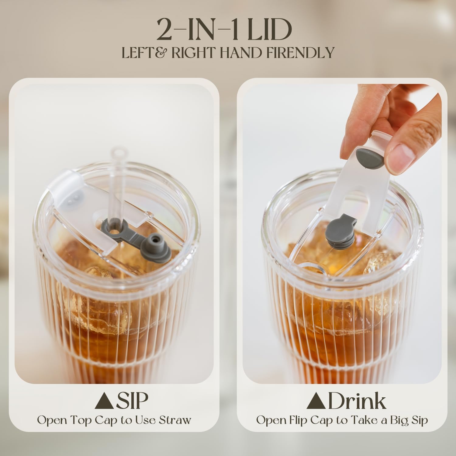 KEMORELA 16oz Ribbed Glass tumbler with Lids and Straws 2pcs,Double Wall Iced Coffee Cups with Lids,Coffee Bar Accessories, Insulated Borosilicate Glass Tumblers, To Go Coffee Cups, Spill proof - Image 6