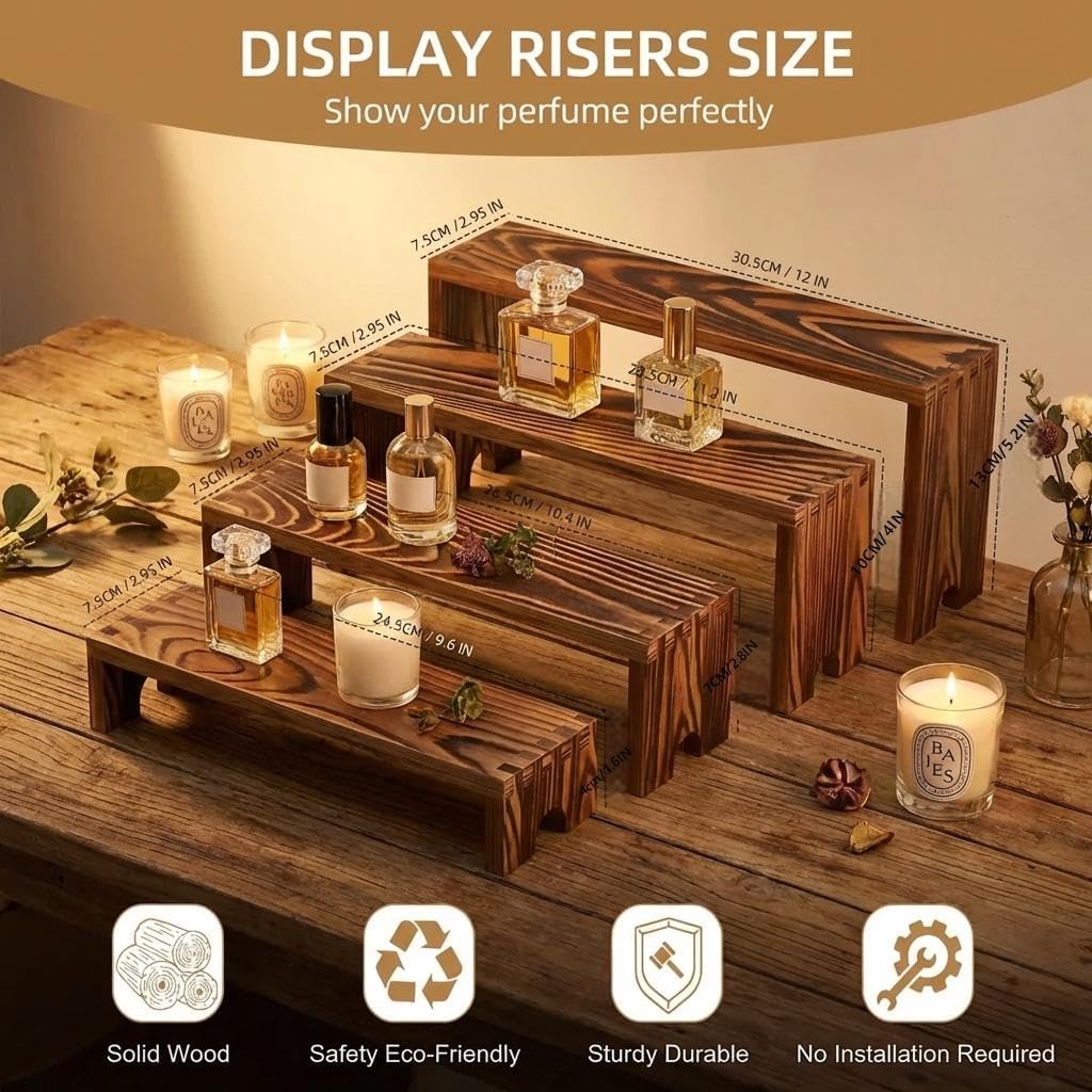 SENMUT Wooden Tiered Risers Display Stand, Stackable, Natural Wood Brown, Rectangular, Inches, for Cupcakes and Desserts