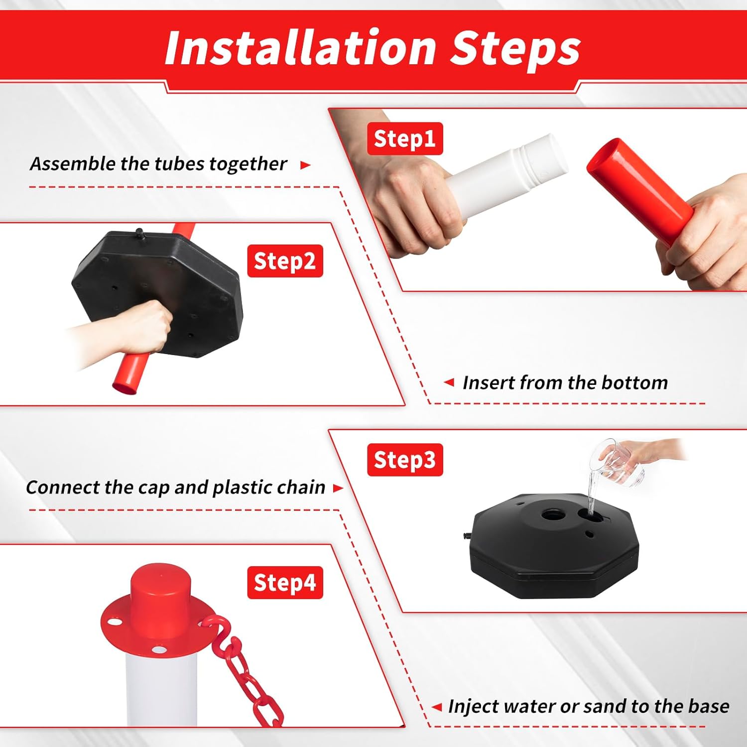 SHAREWIN 35'' 4-Pack Parking Delineators Post, Traffic Cone Safety Stanchion with Base & 5FT Link Chain - Red and White Striped Chain Barriers for Parking Lot, Driveway, Road Construction