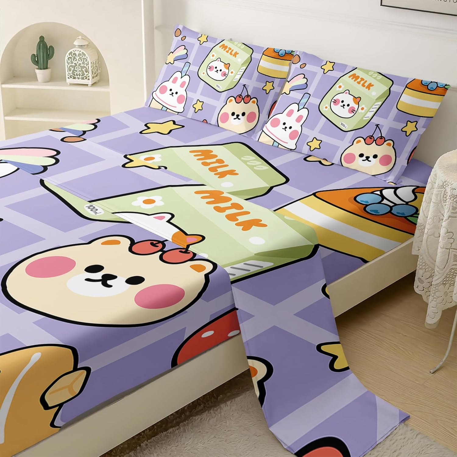 QOOMO Kawaii Bear Sheet Set,Kawaii Kids Bed Sheets,Cute Bear 16" Deep Pocket Bed Sheet Set for Boys/Girls/Kids/Teens，4 Piece Sheet Set, 1 Fitted Sheet,1 Flat Sheet and 2 Pillowcases，Twin Size