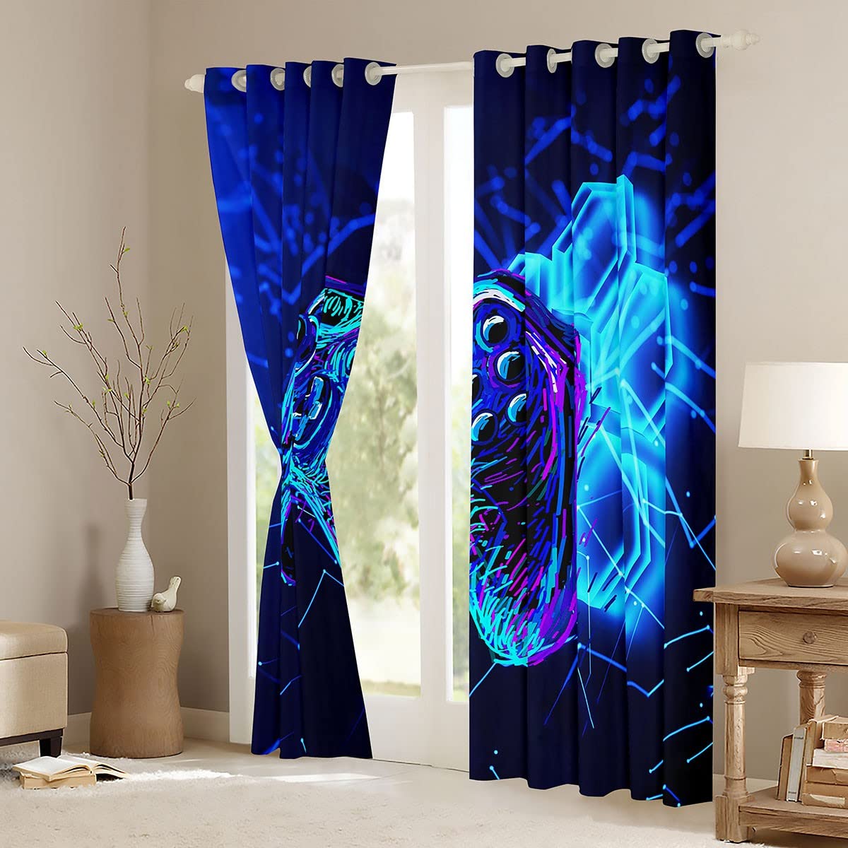 Kids Gamepad Window Treatments Blue Game Controller Curtain for Boys Girls Teens Decor Modern Gamer Window Drapes Gaming Console Window Curtain W52*L63 - Image 3