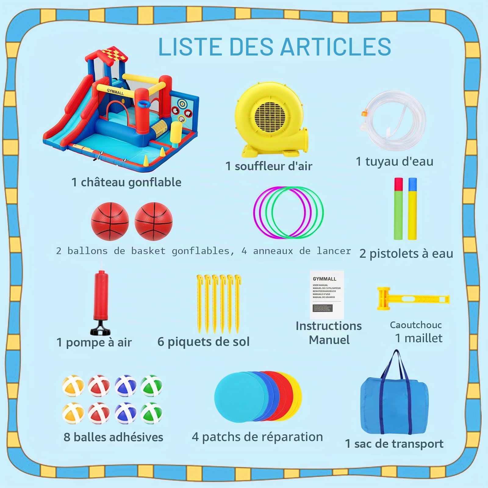 Château Gonflable pour Enfants – Équipement de Jeu Multifonction 8 en 1 avec Toboggan, Mur d’Escalade, Trampoline et Ventilateur 370W, conçu pour Intérieur et Extérieur
