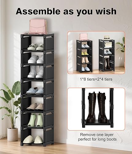 Miniatura 4 de Organizador de zapatos de 8 niveles, almacenamiento vertical estrecho que ahorra espacio, estante de esquina de pie libre de metal para armario,