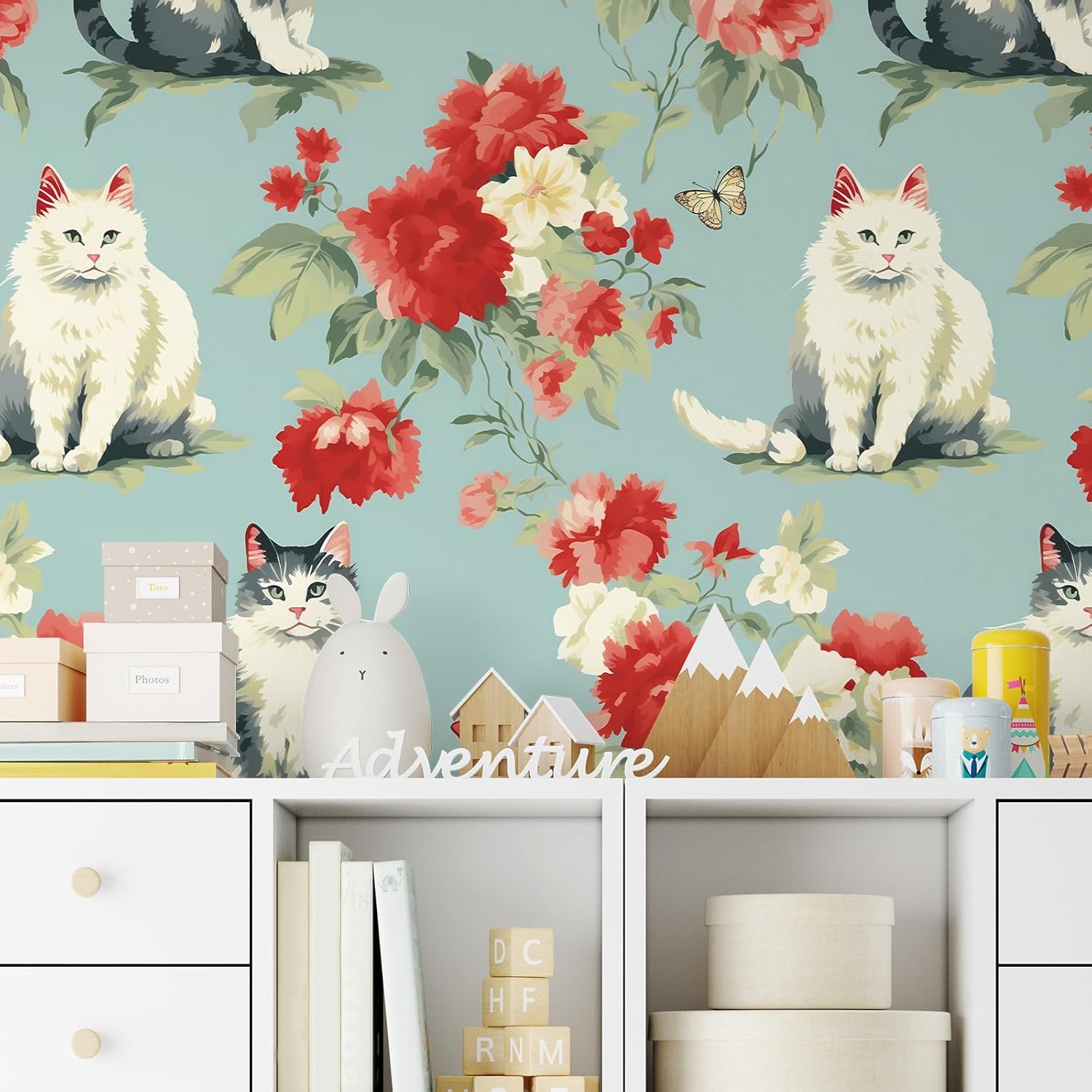 VEELIKE Cute Fluffy Cat Peel and Stick Wallpaper Blue Floral Wallpaper for Kids Room Nursery Dollhouse 17.7''x118'' Self Adhesive Waterproof Kitten Cat Wall Mural Contact Paper for Cabinets Drawers