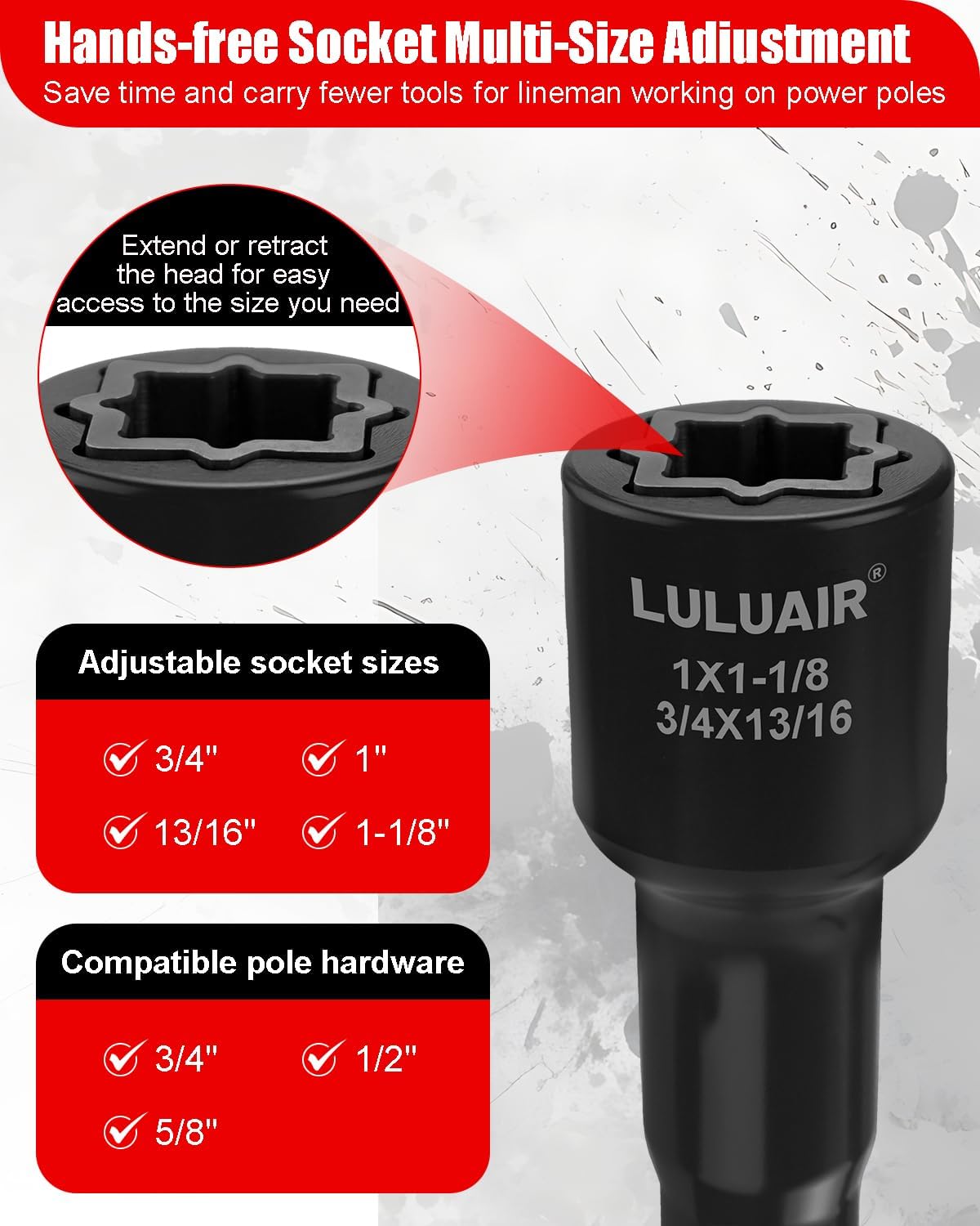 NRHD4 Lineman Socket, 4-in-1 Impact Socket Set, 4 Size Square Drive Socket: 3/4", 13/16", 1", and 1-1/8" Sockets and 7/16-Inch Hex Adapter