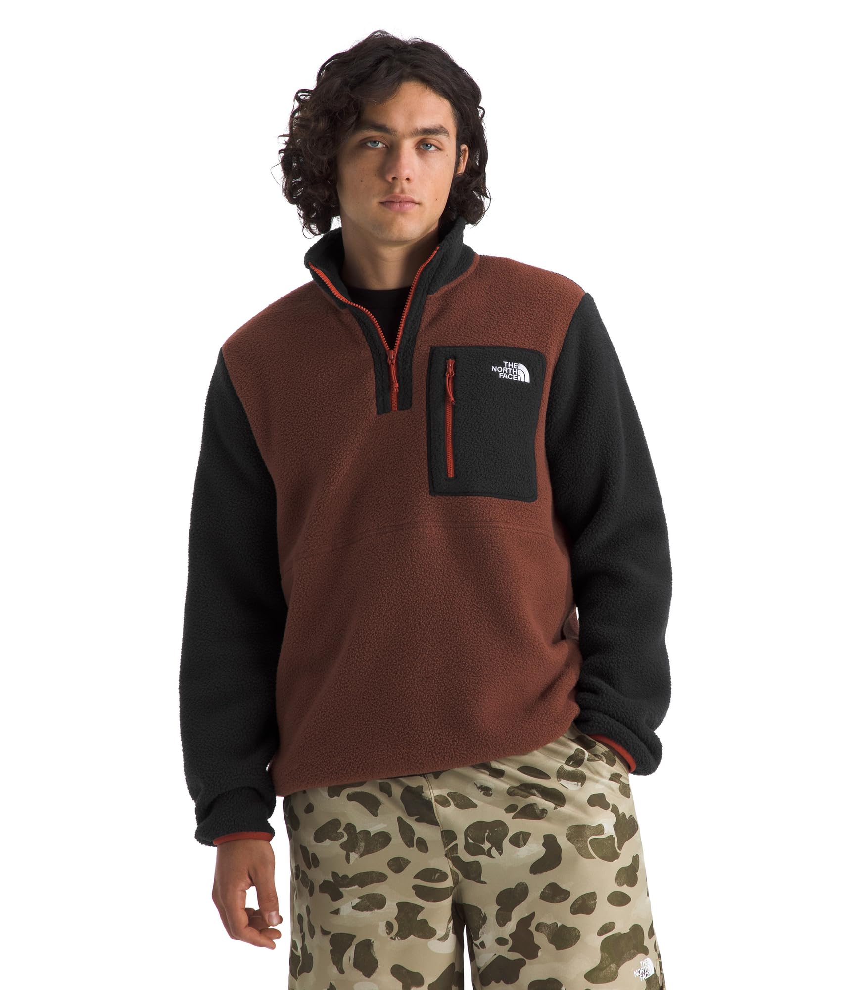 The North Face Men's Yumiori Quarter Zip Jacket - Lightweight Fleece Coat with Embroidered Logo, Secure Zip Chest Pocket, Ember Soil/TNF Black/Iron Clay, X-Small