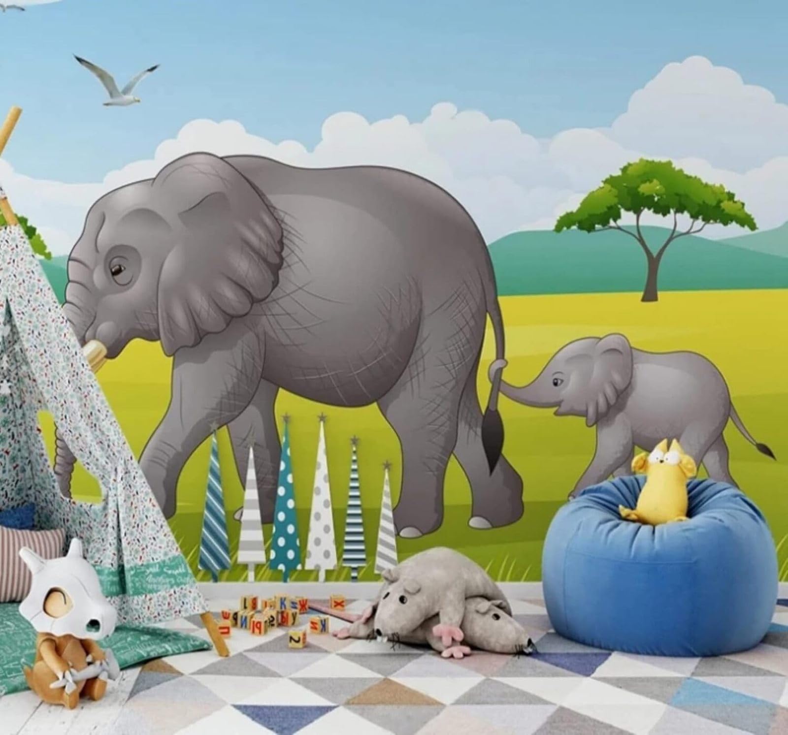 Xlming 430Cm×300Cm(B×H) Hand Drawn Cartoon Elephant Forest Grassland 3D Wallpaper Luxury Home Dining Decor Paste Sofa Living Room The Wall For Bedroom Mural-430Cm×300Cm